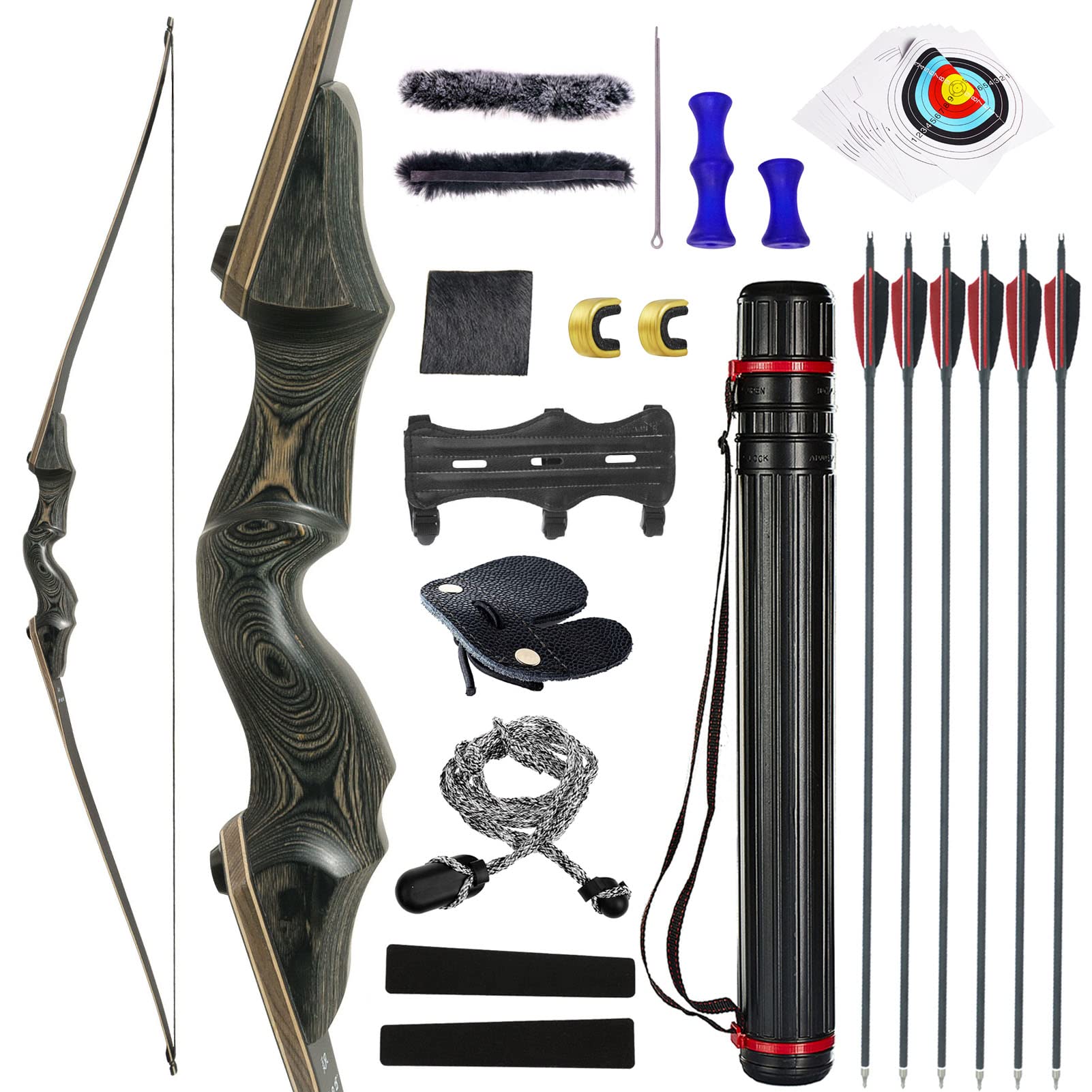 Black Hunter 60 Inch Archery Takedown Longbow Right Hand 30-55lbs with 12pcs Carbon Arrows for Hunting Target Shooting (45LBS)