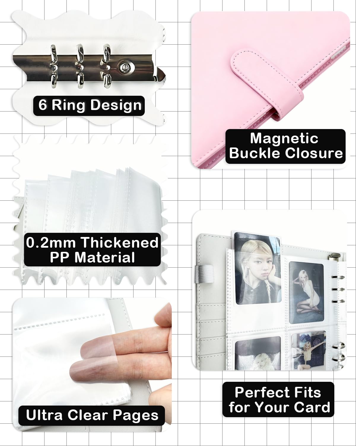 Raccoglitore per carte fotografiche A5 con 30 maniche interne (4 tasche e doppio lato), raccoglitore per carte collezionabili a 6 anelli e 4 tasche, in pelle PU, con chiusura a fibbia magnetica, può