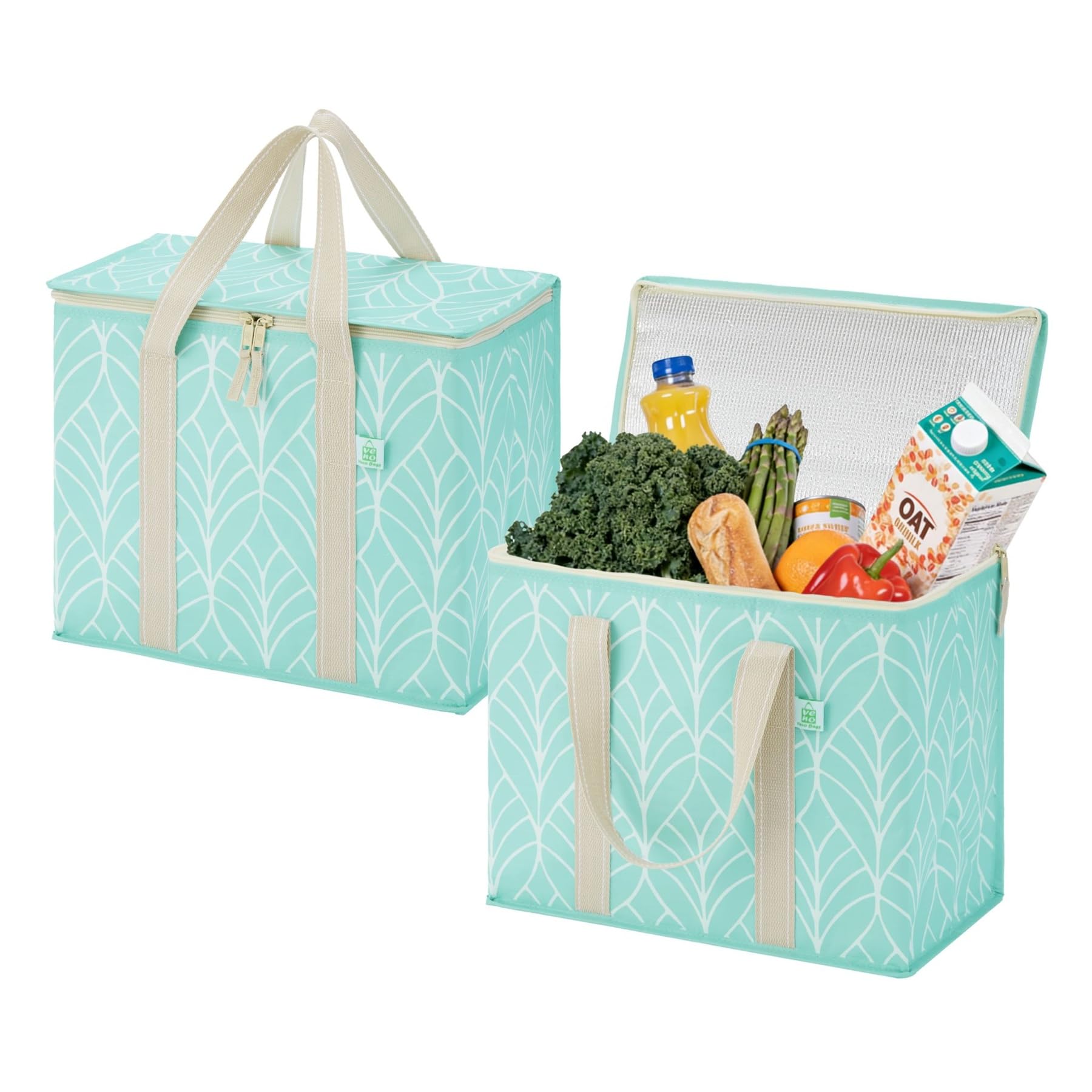 VENO Lot de 2 sacs isothermes, sacs d'épicerie pliables, réutilisables pour courses, résistants à l'eau, fermeture éclair, pliables