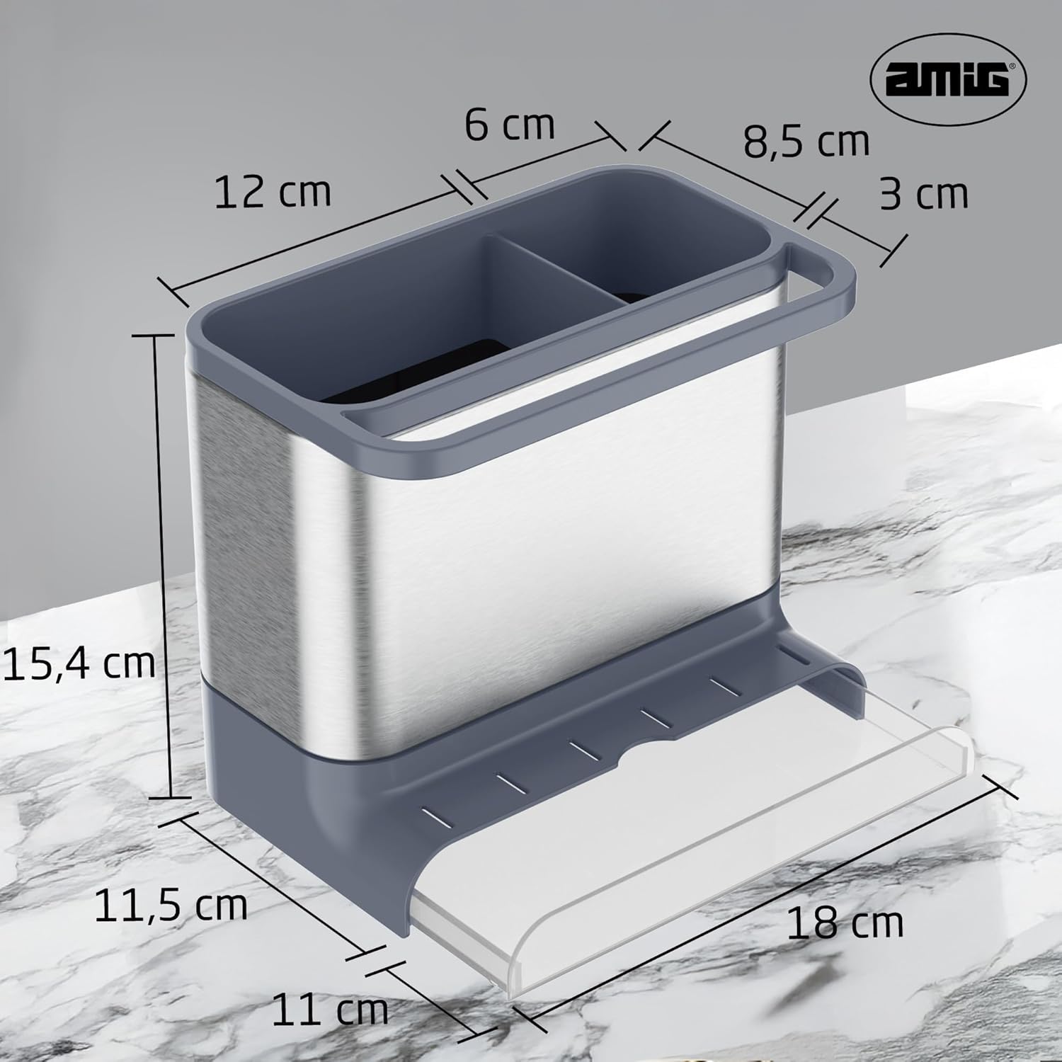 Amig - Noxi Sink Organizer - 15.5 x 11.5 x 18 cm - Stainless Steel and Durable Plastic - Grey - Sponge Holder, Brush and Detergent Holder with Removable Tray