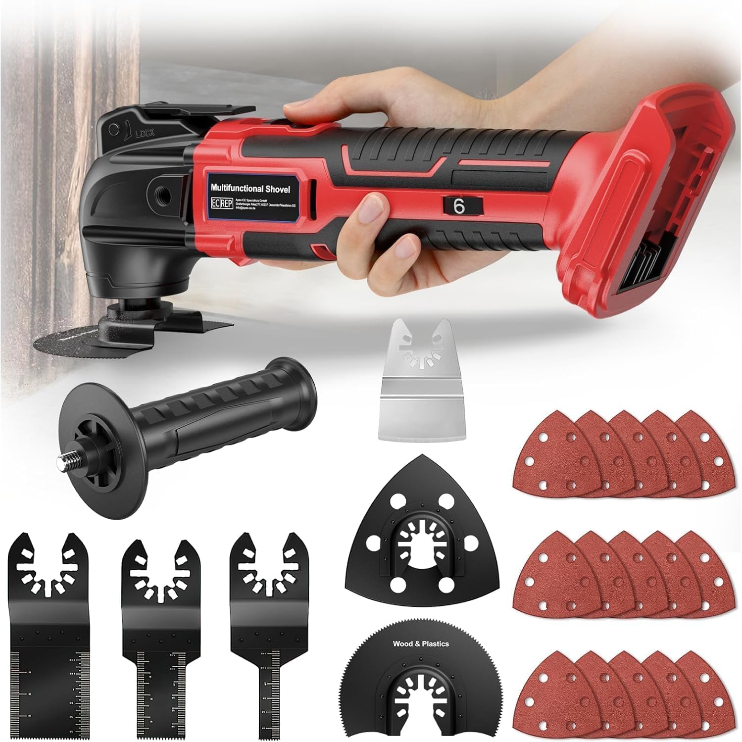 Akku Multifunktionswerkzeug kompatibel mit Milwaukee 18V Akkus, Multitool Lektrisch 23 Zubehörteile und 6 Geschwindigkeitsstufen für Schneiden, Demontieren, Schleifen uvm(ohne Akku)