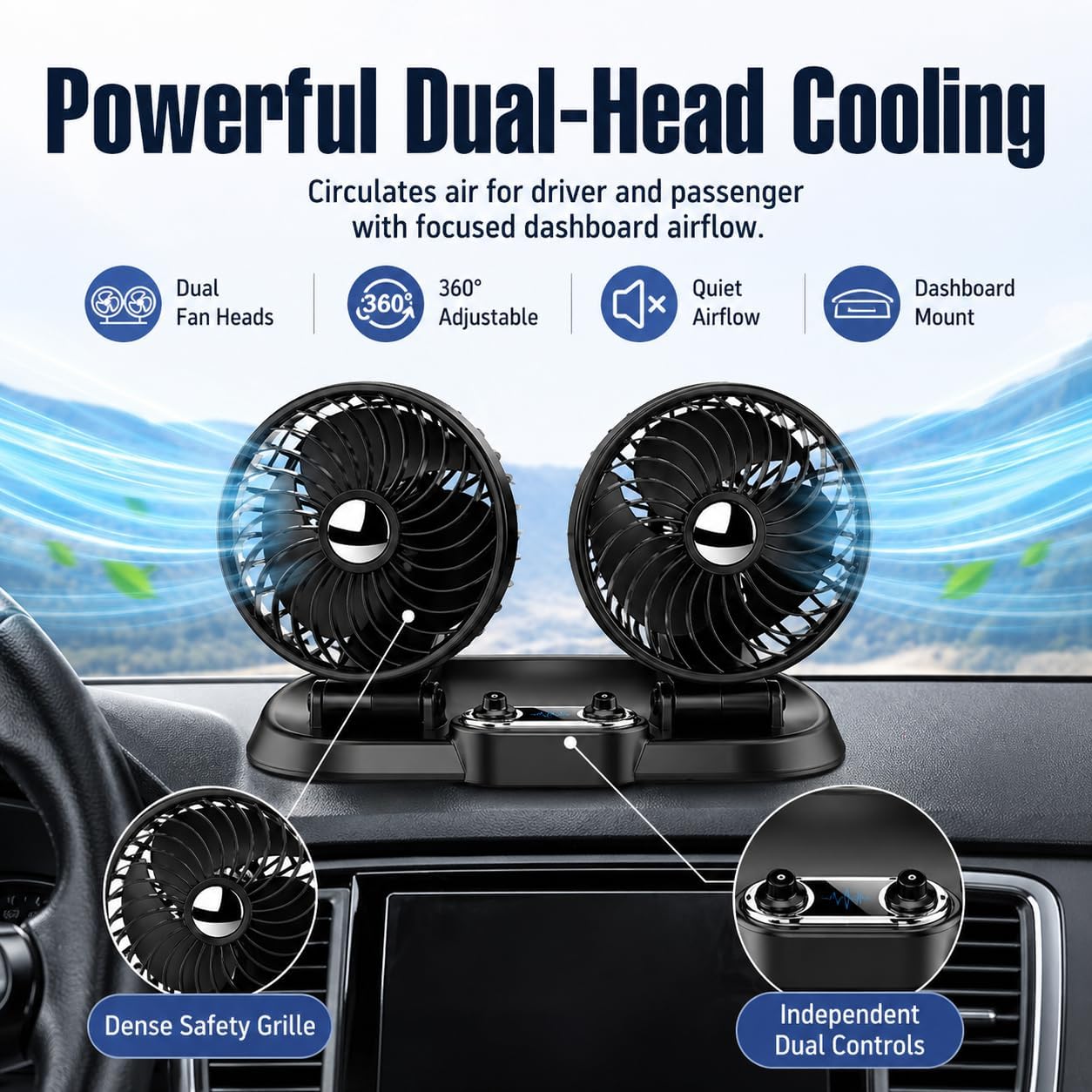 Dual Head Car Fan, 360° Rotatable & 180° Adjustable USB Car Cooling Fan with Dense Safety Grill, 2.4A USB Powered Portable Auto Air Circulation Fan for Car Dashboard, Truck, SUV, RV, Vehicle Backseat