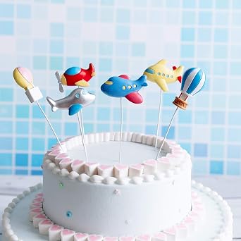 Ercadio 6 Pack Airplane Cake Toppers 2D Hot Air Balloons Cake Picks Baby Shower Boys Girls Birthday Party Cake Decorations Supplies