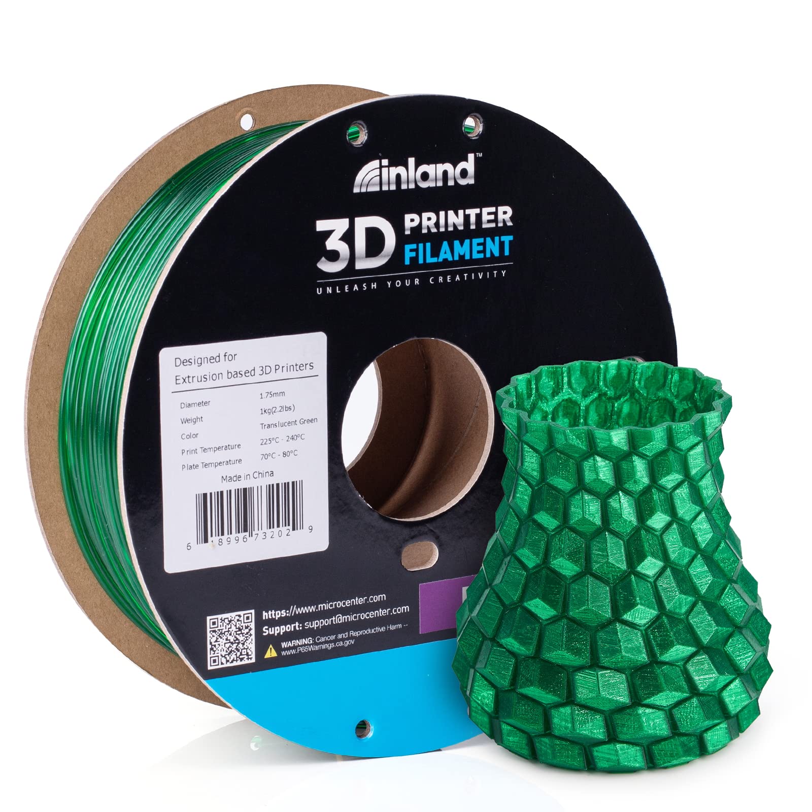 Inland Micro Center PETG Filament 1.75mm, Translucent Green - 1KG Spool - Dimensional Accuracy +/- 0.03mm