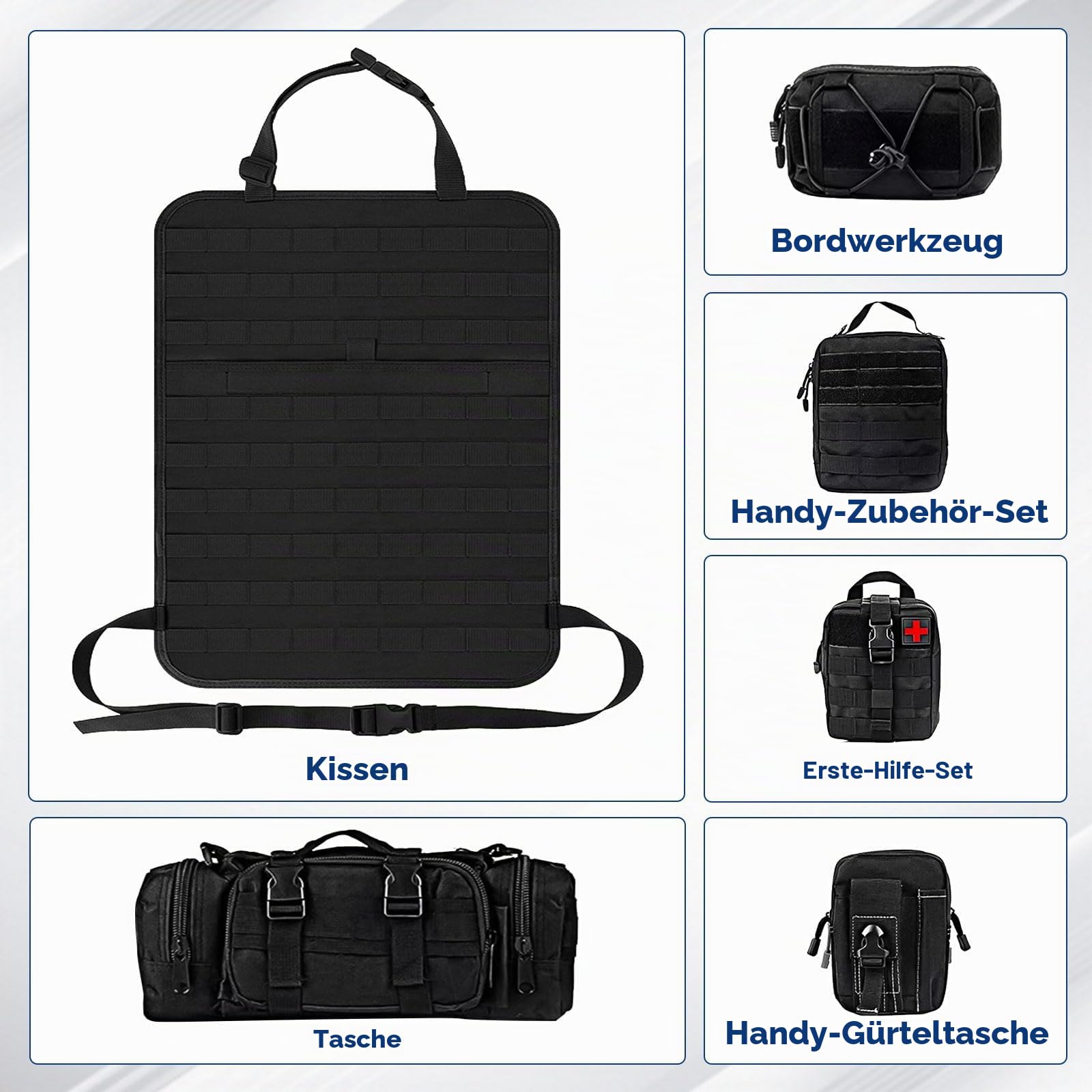 Taktischer Autositz-Organizer 600D Oxford wasserdicht mit 5 abnehmbaren Taschen Rückenlehnenschutz für Autos SUVs LKW