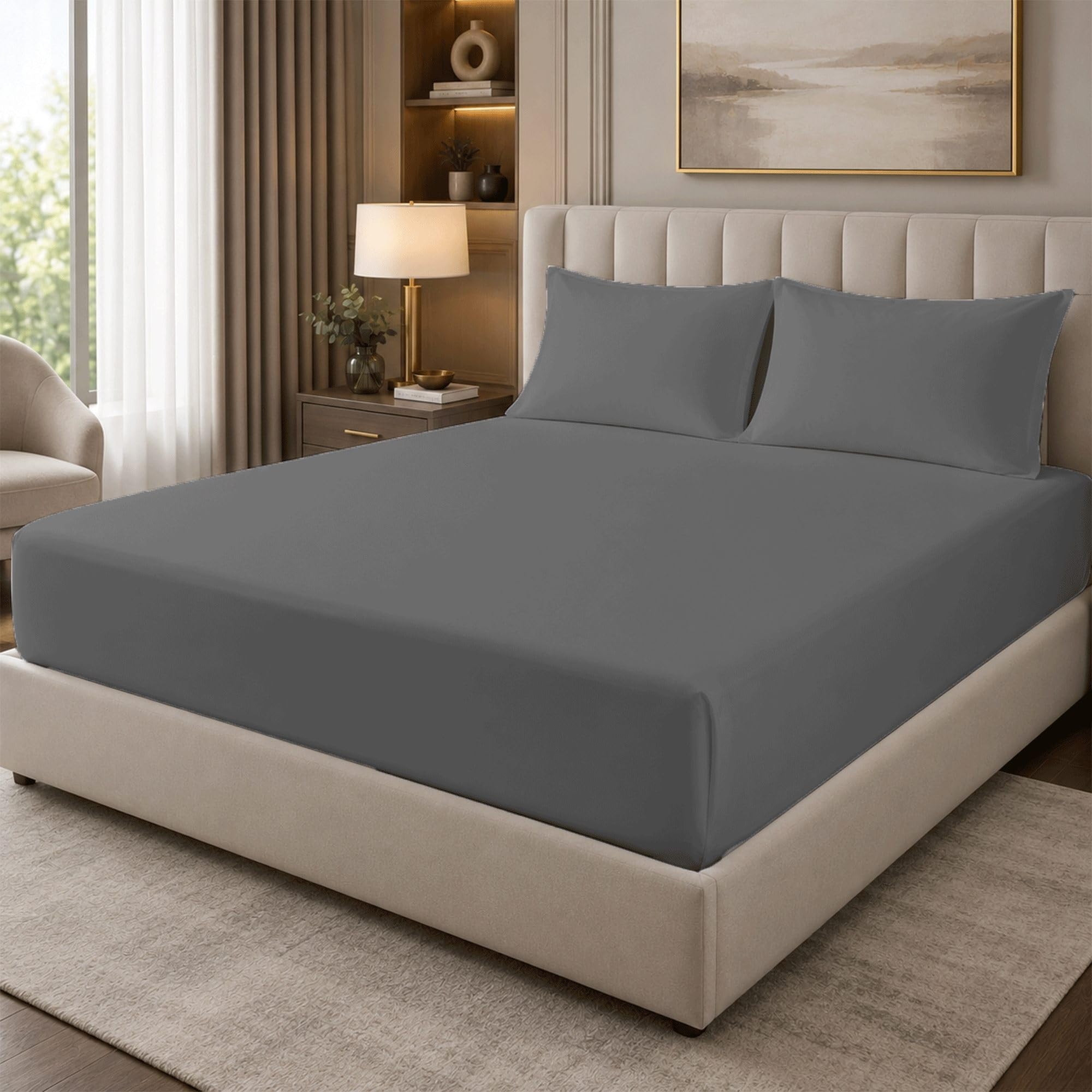 Bloombedding Grey 100% Egyptian Cotton 400 Thread Count King Size Fitted Sheet, 25Cm Deep Pocket, 152 X 200Cm, Breathable Cotton Bedding For King Size Mattress