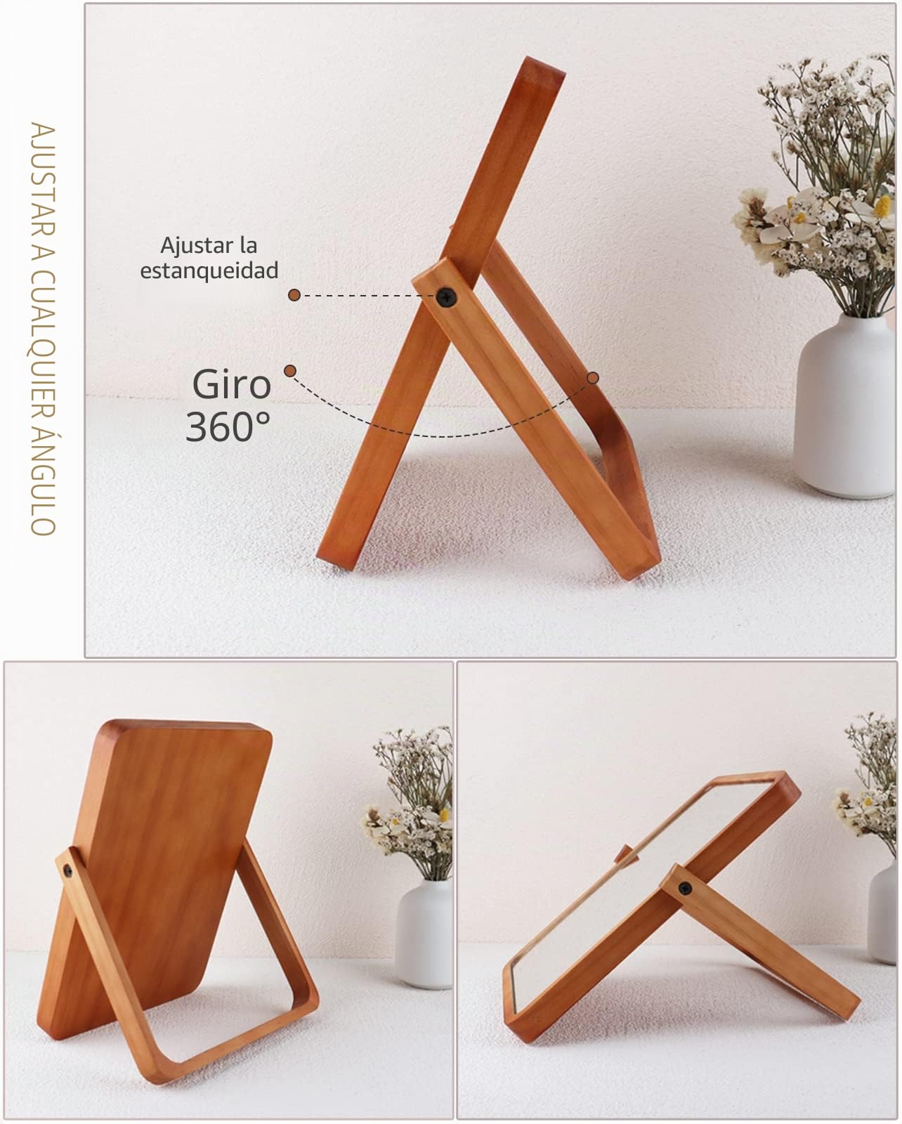 Espejo Maquillaje Madera Mesa Pequeños Tocador, Rectángulo Redondeado Espejo, con Soporte Ajustable para Mesa de Maquillaje, Decorativos Estética de Escritorio Rustico