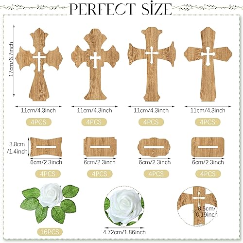 Miniatura 2 de 16 juegos de cruz de madera católica de pie con base 16 piezas de flores artificiales blancas con tallos para bautismo primera comunión mesa de boda