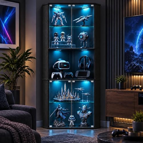 kepptory 72" Corner Curio Cabinet with RGB LED Lights, 6-Tier Glass Display Cabinet with Adjustable Shelves, Lighted Corner Showcase for Collectibles, China, Glassware, Living Room Home Bar