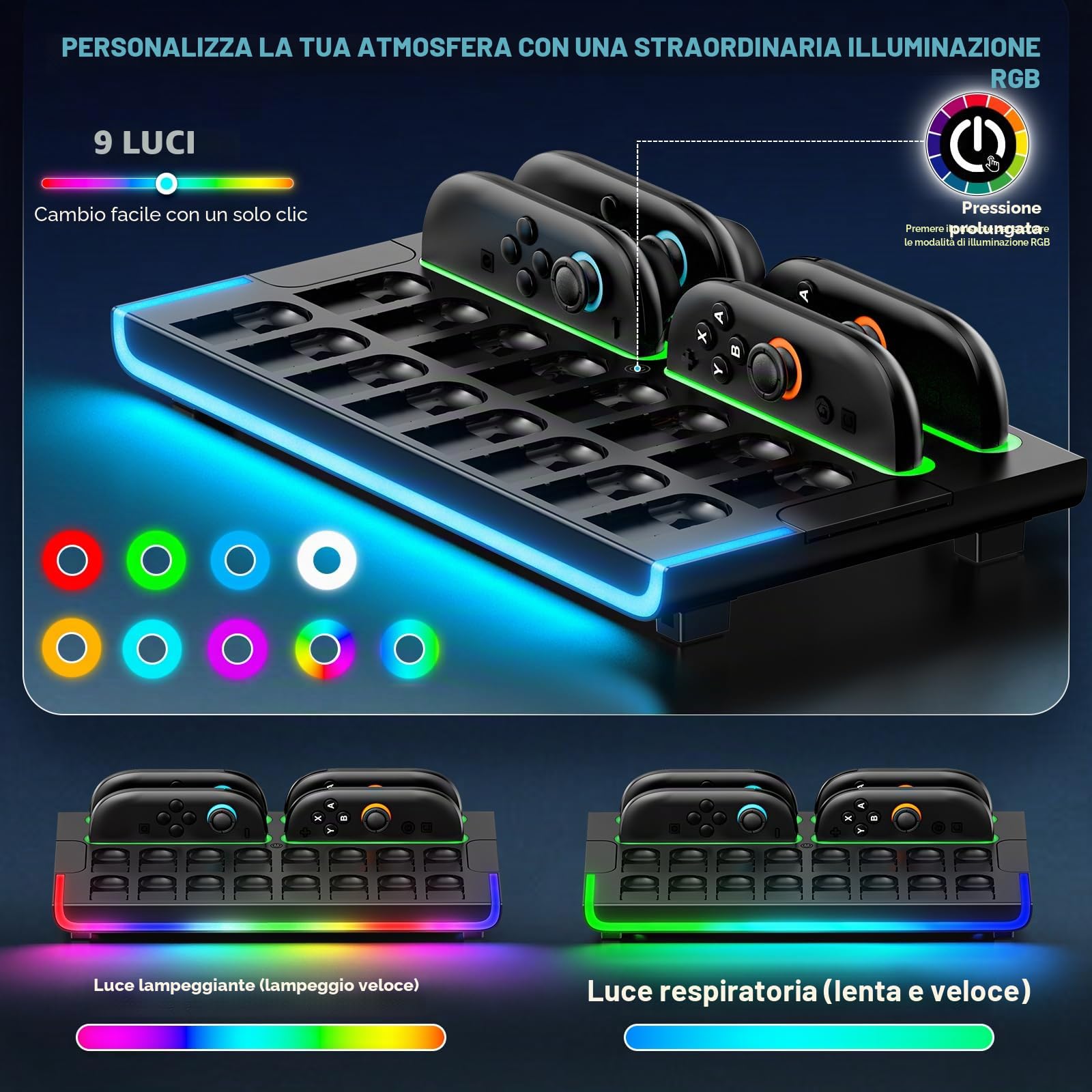 Base di Organizzazione per Switch 2 Controller e Console, Dock di Ricarica Magnetica Joy-con 2 con 9 Modalità RGB, Dock di Archiviazione Nintendo Switch 2 con 16 Slot per Schede di Gioco