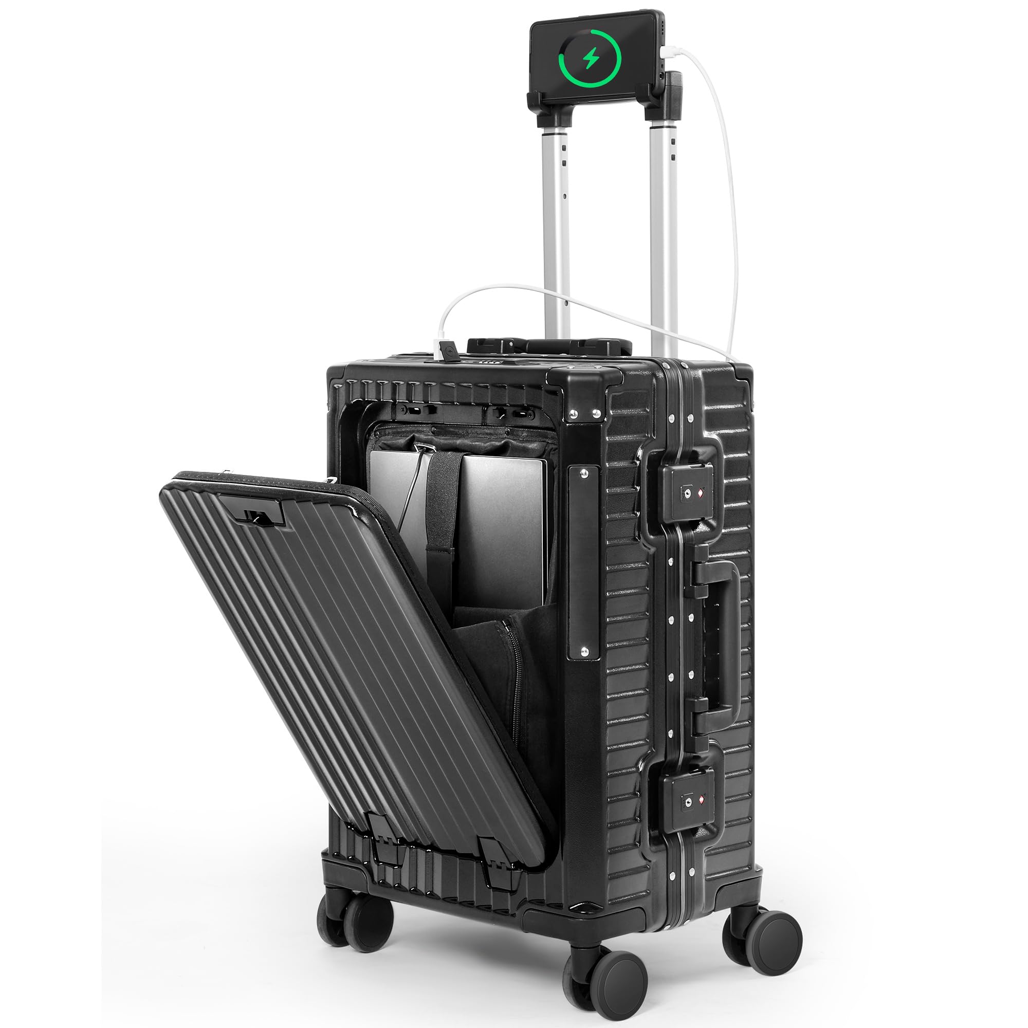 Carry On Luggage with Front Compartment, Cup Holder and Usb Port, Cover LSA Lock, 22x14x10Inch Airline Approved Carry-On Hardside Suitcase with Spinner Wheels