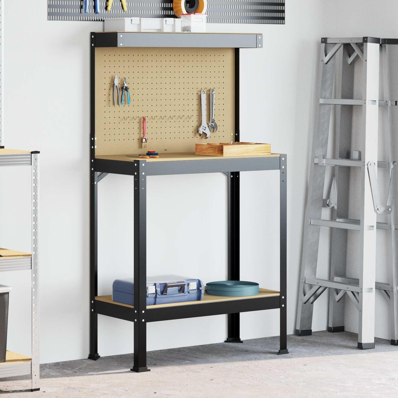 Banco de trabajo estable de madera y metal para taller y garaje con almacenamiento, pared perforada y cajón en color negro, 81 x 41 x 145 cm