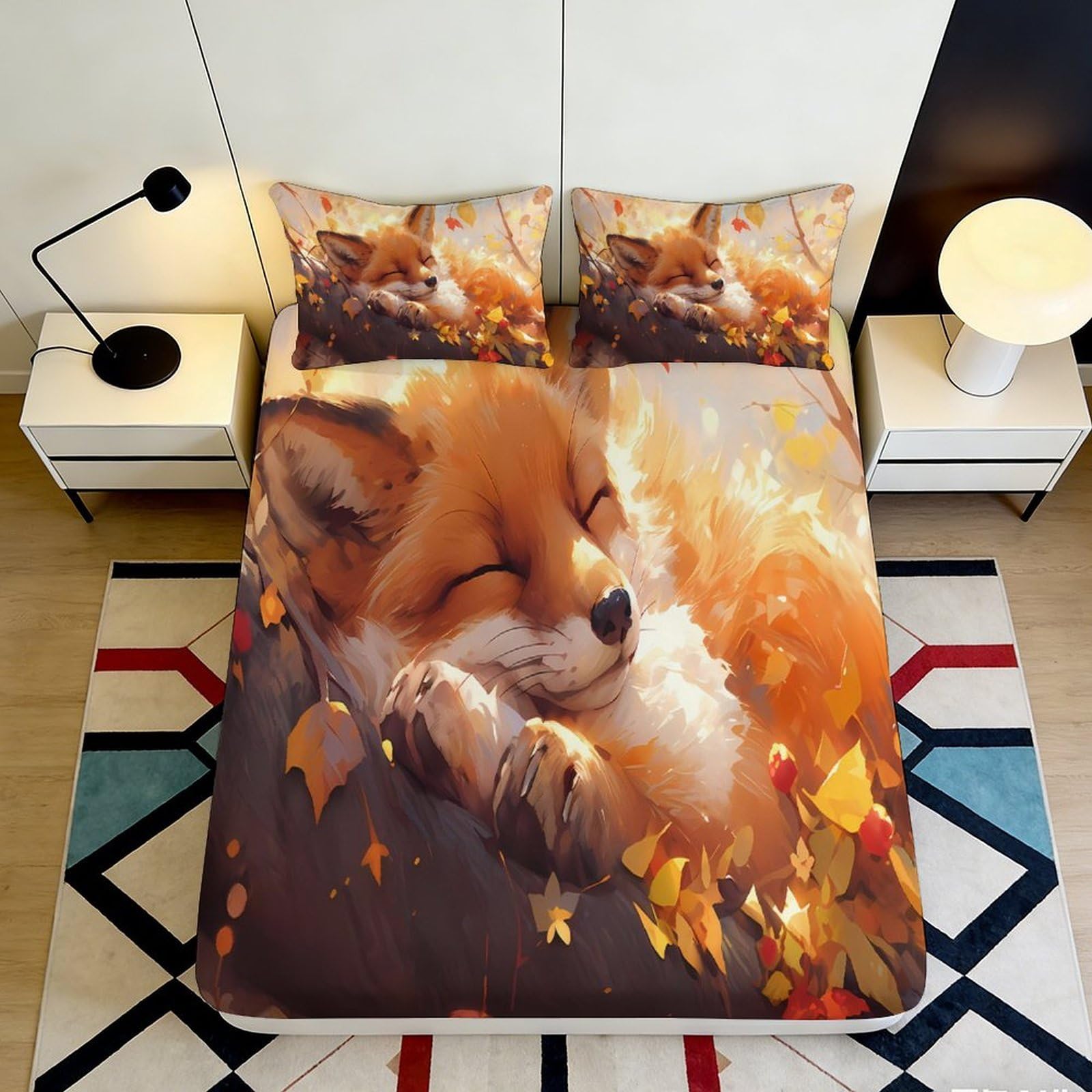 3D Printed Fox Autumn Leaves Fitted Sheet Microfiber Soft Anti-Slip Bed Sheet for Bedroom Guest Room Decor 90x200x25cm