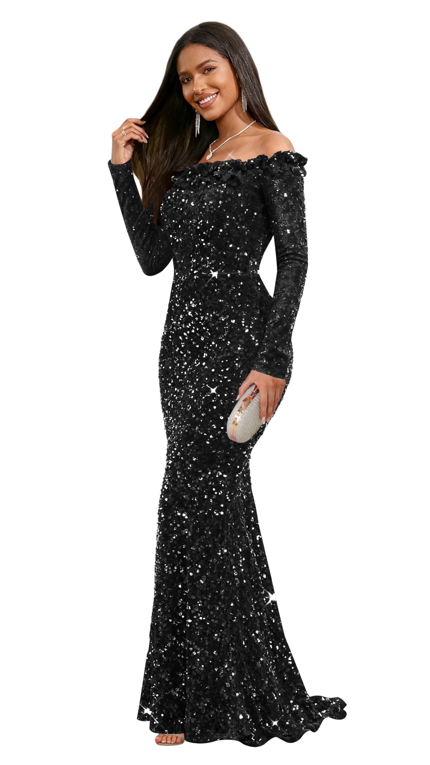 FUMY Womens Ruffle Off The Shoulder Mermaid Prom Dresses Long Sleeves Sexy Sequin Formal Evening Maxi Dress FM018