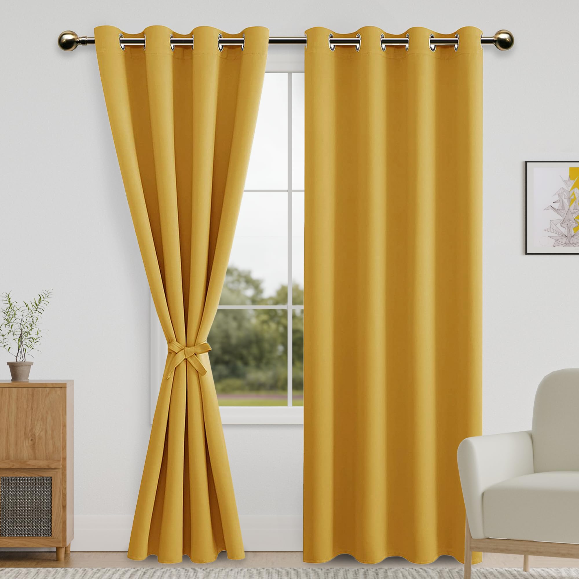 DWCN Blackout Curtains for Bedroom with Tiebacks - Room Darkening Privacy Grommet Top Window Curtains for Living Room, 52 x 84 inch Length, Mustard Yellow, Set of 2 Panels — image 1