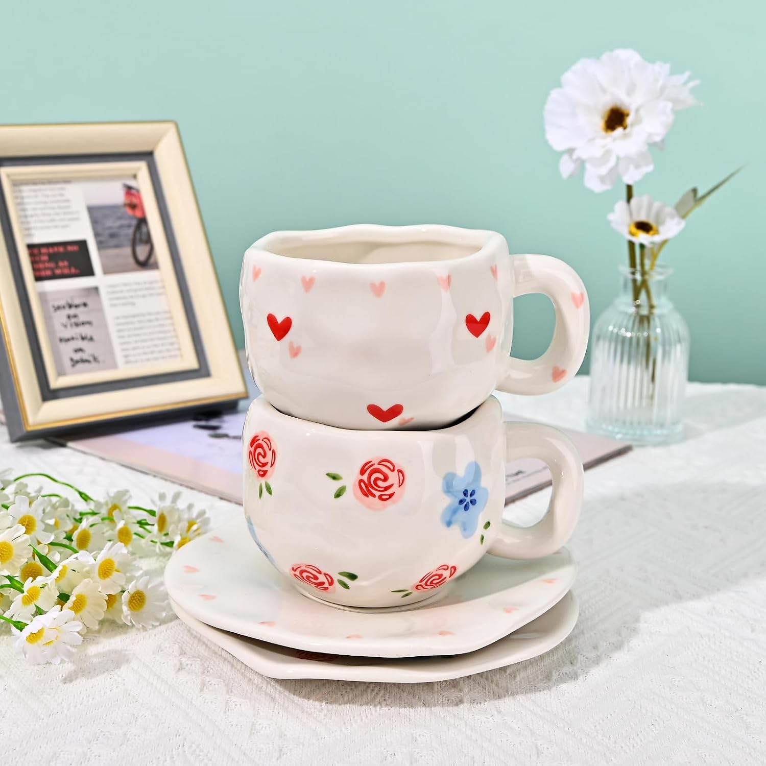 Koythin Ceramic Coffee Mug with Saucer Set, Cute Creative Red Rose Cup Unique Irregular Design for Office and Home, 10 oz/300 ml for Latte Tea Milk image 4