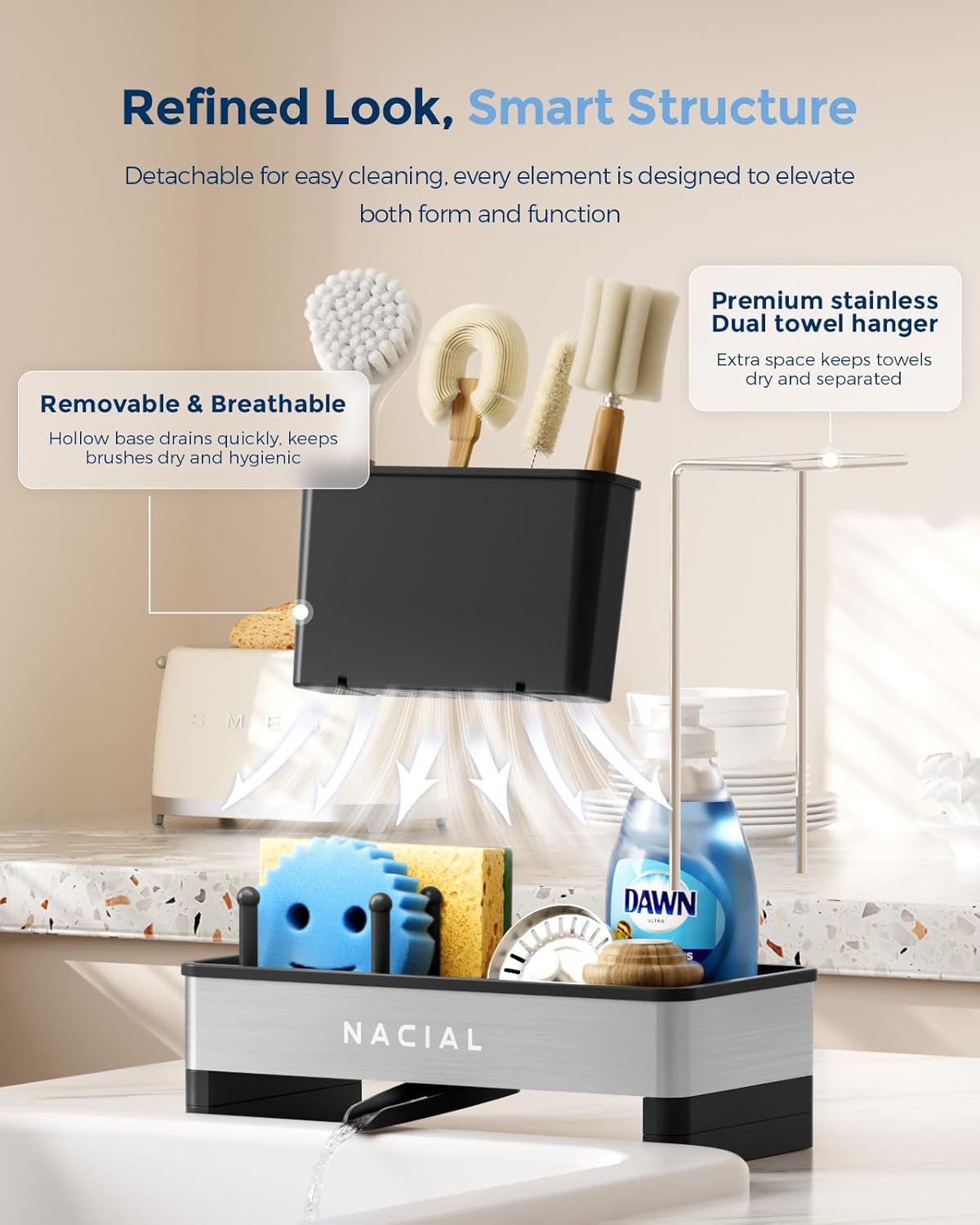 Nacial Kitchen Sink Caddy Organzier with High Brush Holder, Sponge Holder for Kitchen Sink with Two Towel Racks - Rustproof 304 Stainless Steel Kitchen Countertop Storage Essentials - Image 7