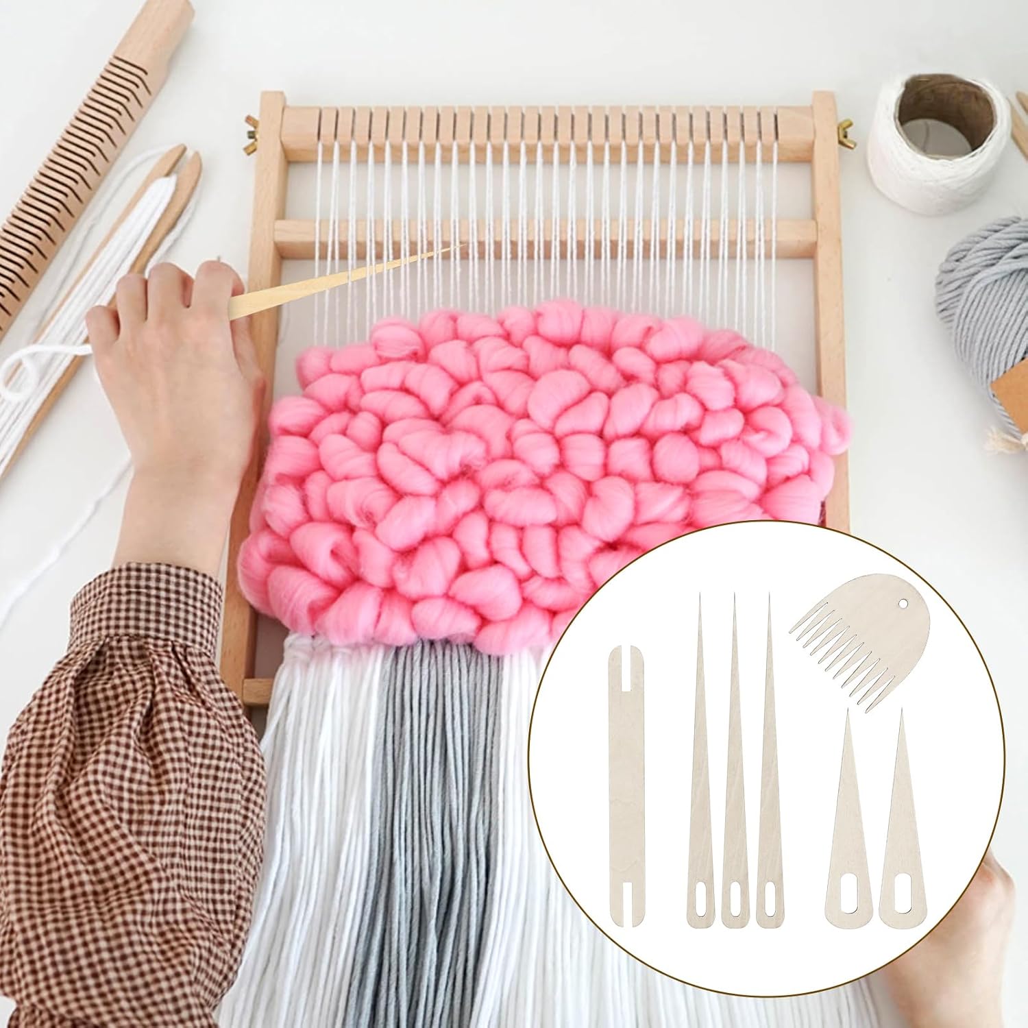 7 Pcs Wood Hand Loom Stick Set Hand Weaving Kit with 5 Pcs Wooden Weaving Needles 1 Piece Wooden Shuttle, 1 Piece Wood Weavings Comb for Knitted DIY Crafts Supplies