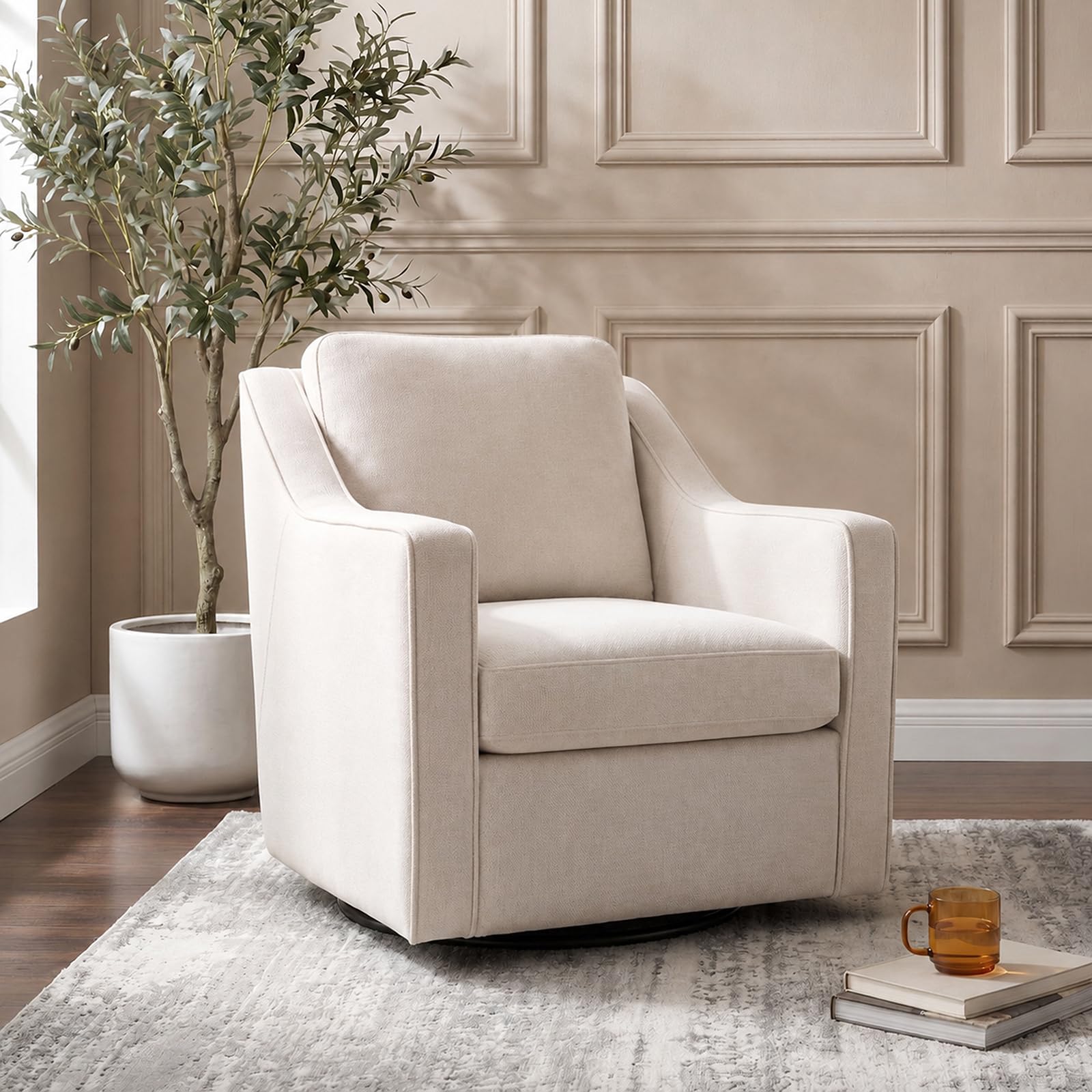 Swivel Armchair for Living Room, 360° Rotating Living Room Chair, Linen Fabric Accent Chair with Removable Seat Cushion & Pillow, High Density Foam Upholstered Lounge Chair for Bedroom, Leisure Area