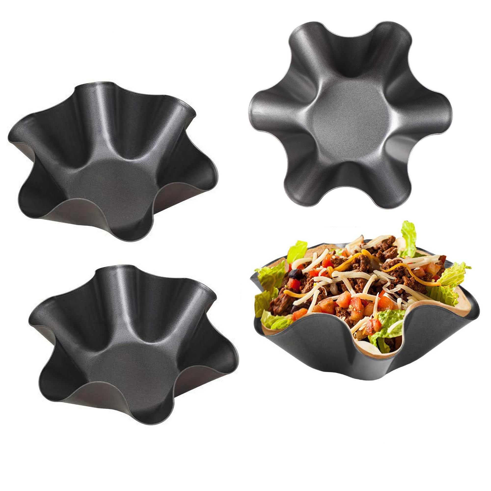 Taco Salad Bowl Maker Molds – 4 Packs Nonstick Carbon Steel Tortilla Shell Pans Baking Molds Tostada Bake Taco Shells Black