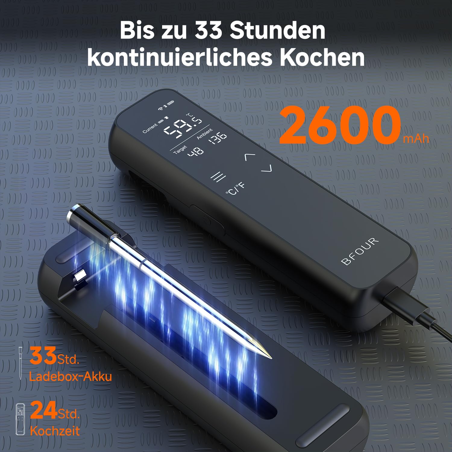 BFOUR Fleischthermometer Kabelloses,intelligente eigenständige Basisstation mit großem LCD-Display, unbegrenzter WiFi Reichweite, App Steuerung,Grillthermometer für Küche, BBQ, Grill, Backofen,Smoker