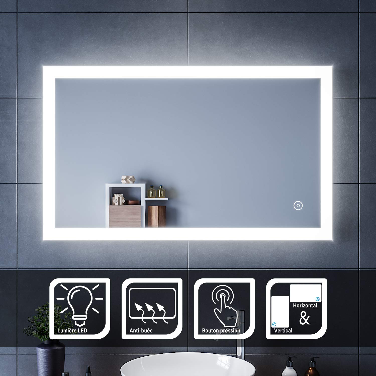 SIRHONA Espejo de Baño 60x100cm Espejo Baño con Iluminación LED, Espejo de Pared con Interruptor Táctil,Espejo de Luz de Baño con ANTIVAHO Luz Espejo de Pared con Accesorios
