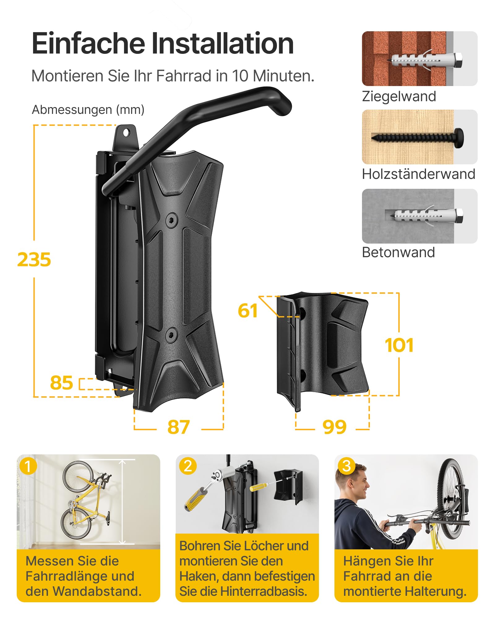 monTEK Schwenkbare Fahrrad Wandhalterung, Rennrad Wandhalterung für Reifenbreite bis 90mm, Fahrradhalterung Wand bis 35kg, platzsparender Wandfahrradständer, Vertikaler Fahrradständer, 2er Set