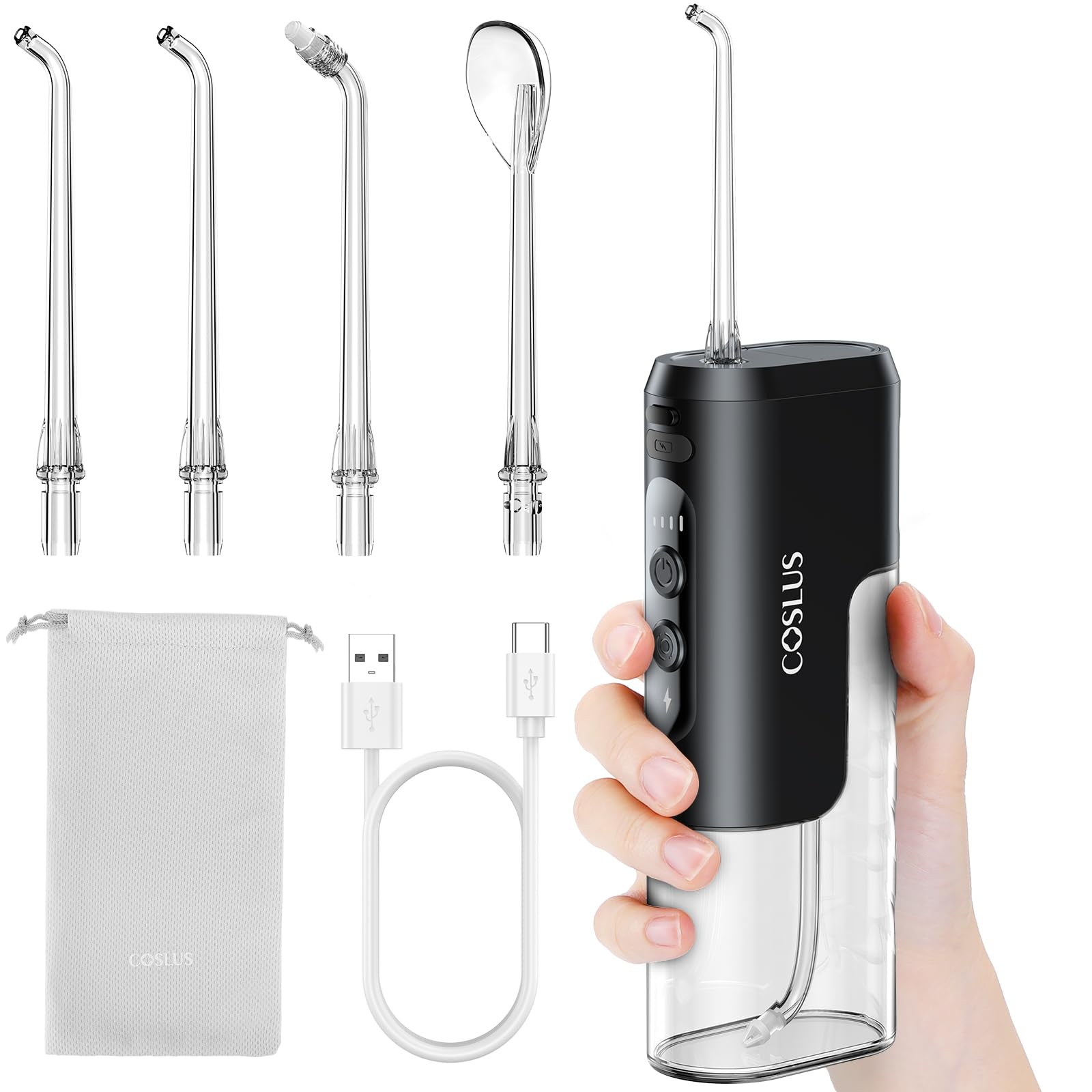 COSLUS T40 Irrigatore dentale portatile orale mini: design compatto e wireless, 4 modalità, serbatoio rimovibile, IPX7 impermeabile per ortodonzia, denti sensibili, uso in movimento, nero lucido