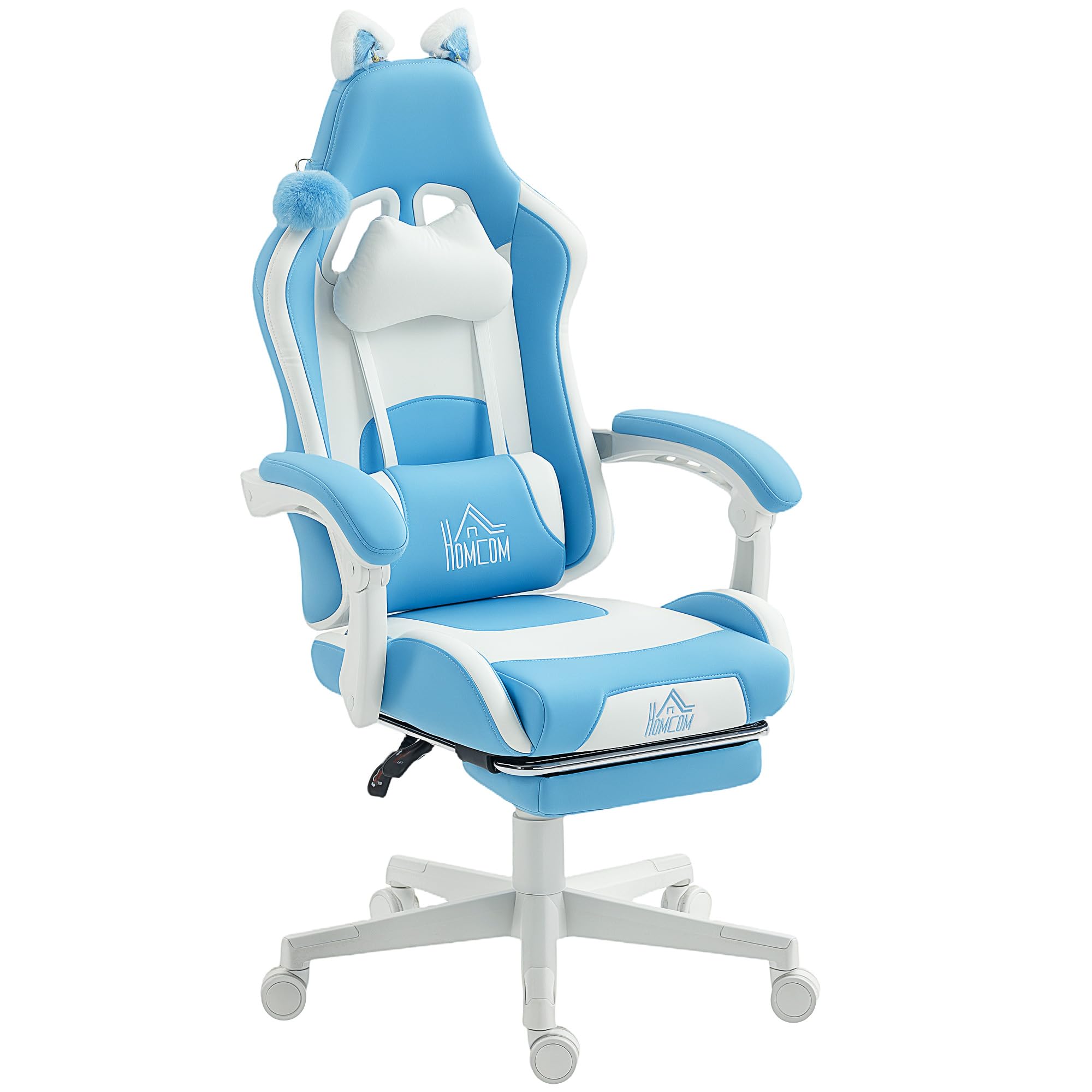 HOMCOM Fotel gamingowy, ergonomiczny fotel dla graczy z podparciem okolic lędźwiowych, podnóżek, fotel gamingowy z kocimi uszami, poduszka pod głowę, regulowana wysokość, krzesło biurowe z funkcją