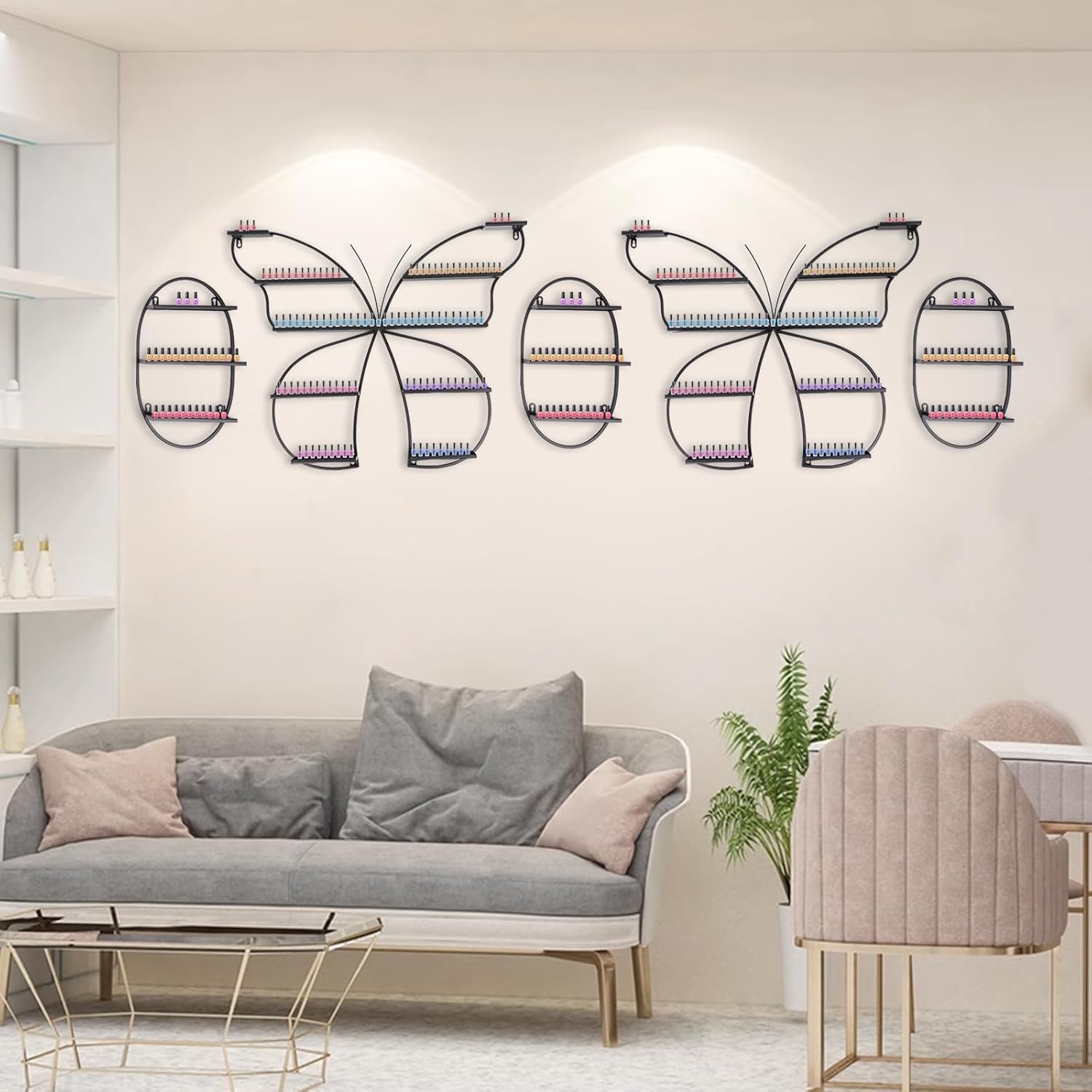 JOMCYDM 5PCS Butterfly Nail Polish Rack Wall Mounted Nail Polish Shelves Cosmetic Display Racks Perfume Lipstick Hanging Display Stand Shelf Organizer for Cosmetics Salon Beauty Shops