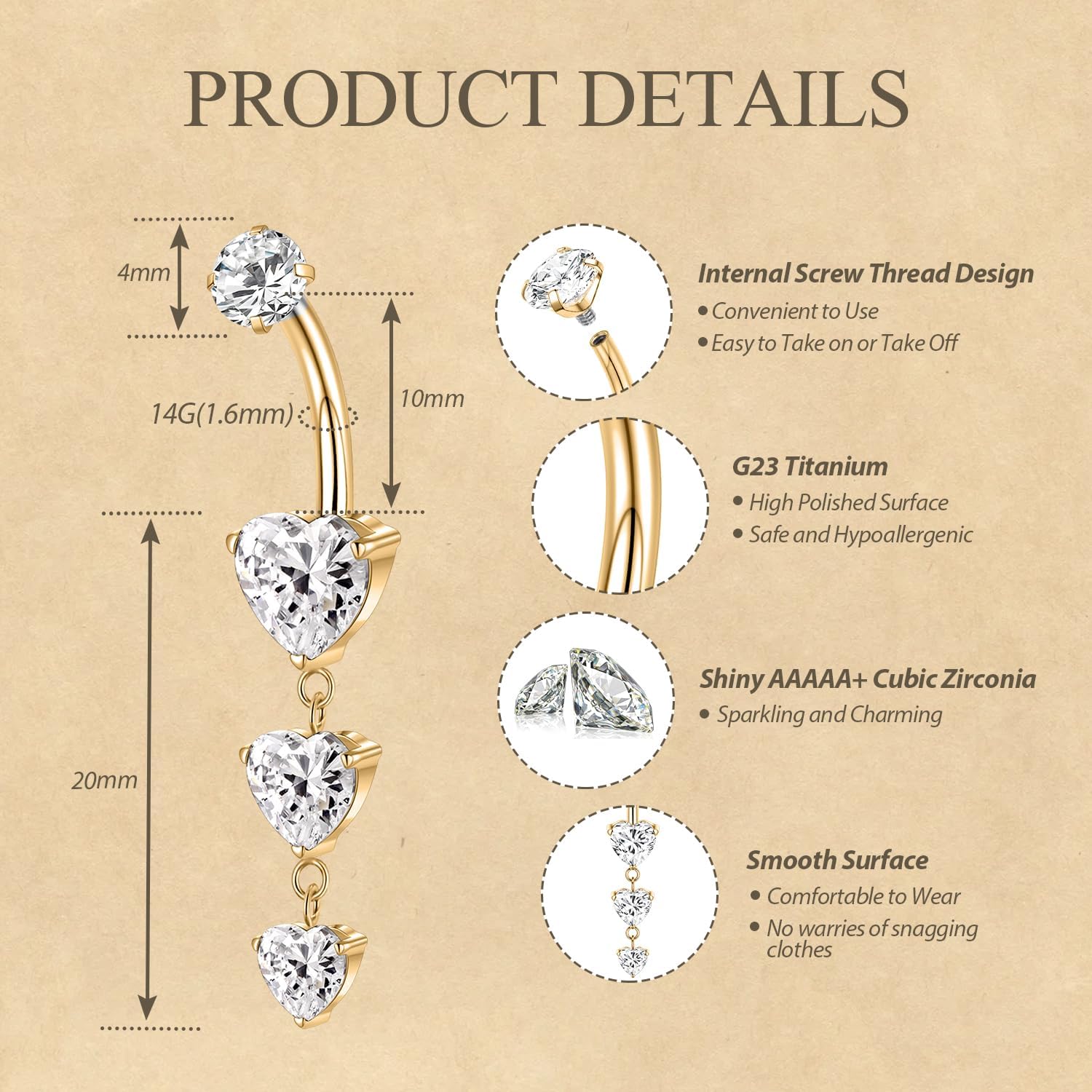 FUNLMO Dangle Belly Button Ring Gold Belly Rings Belly Button Piercing Internally Threaded Titanium Cube Zircon Floating Navel Piercing Jewelry 14G 10mm - Image 2