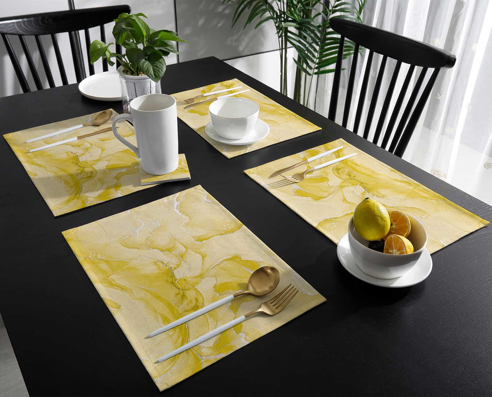 IDOWMAT Placemats Set of 6 Simple Marble Texture Yellow Gradient and Golden Edges Placemats for Dining Table, Spill Proof Washable Heatproof Table Placemats for Indoor & Outdoor