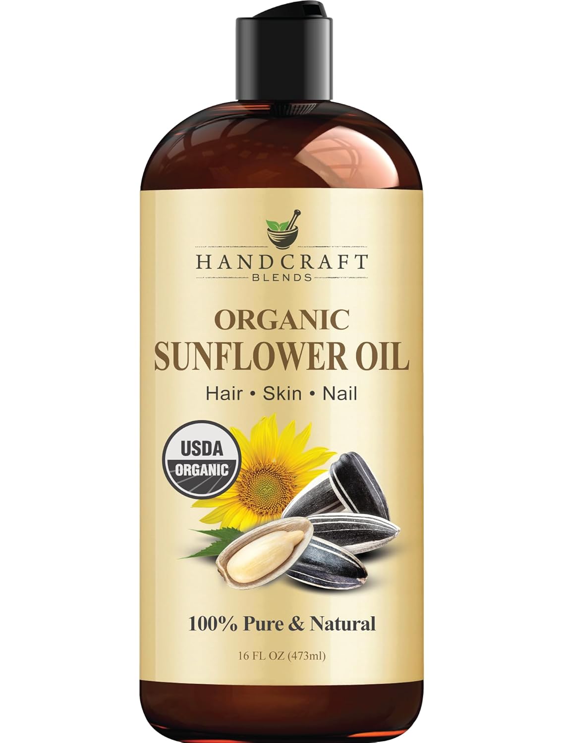 Handcraft Blends USDA Organic Sunflower Oil – Cold-Pressed 16 Fl Oz – 100% Pure and Natural – Premium Grade Carrier Oil for Skin and Hair – Hair and Body – Massage – Hexane-Free