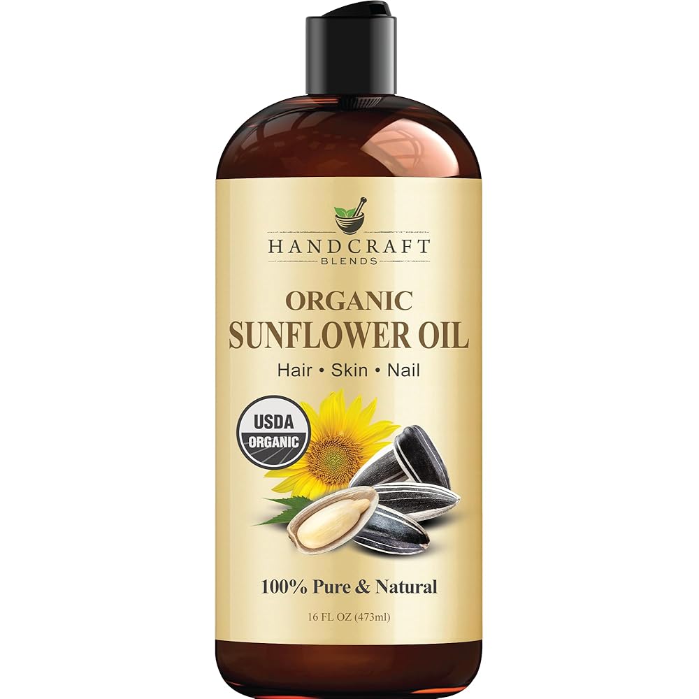 Handcraft Blends USDA Organic Sunflower Oil - Cold-Pressed 16 Fl Oz - 100% Pure and Natural - Premium Grade Carrier Oil for Skin and Hair - Hair and Body - Massage - Hexane-Free