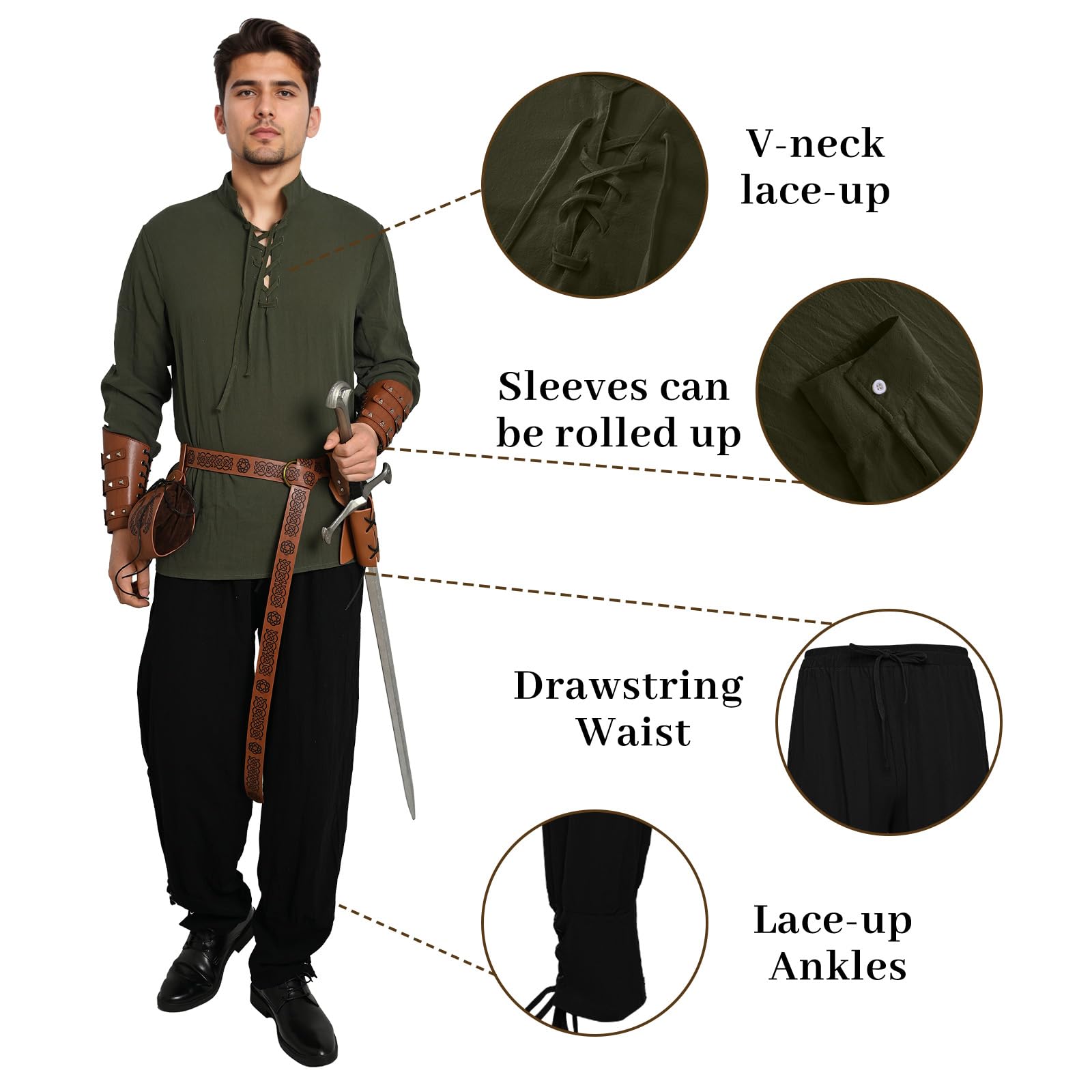 Costume da uomo medievale rinascimentale, costume vichingo, camicia con lacci, pantaloni da uomo con accessori, costume di Halloween per cosplay, maschera, mago