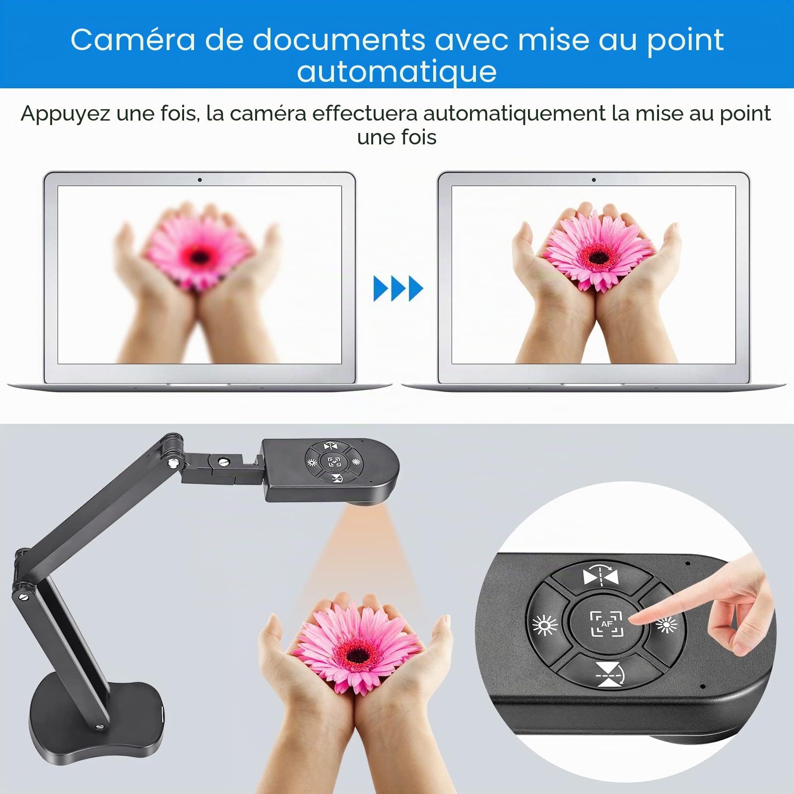 Visualiseur de Salle de Classe, caméra de Documents USB pour enseigner 4K avec lumière LED à 3 Niveaux, Fonction d'inversion d'image, Pliage, Double Microphones pour Mac OS, Windows,