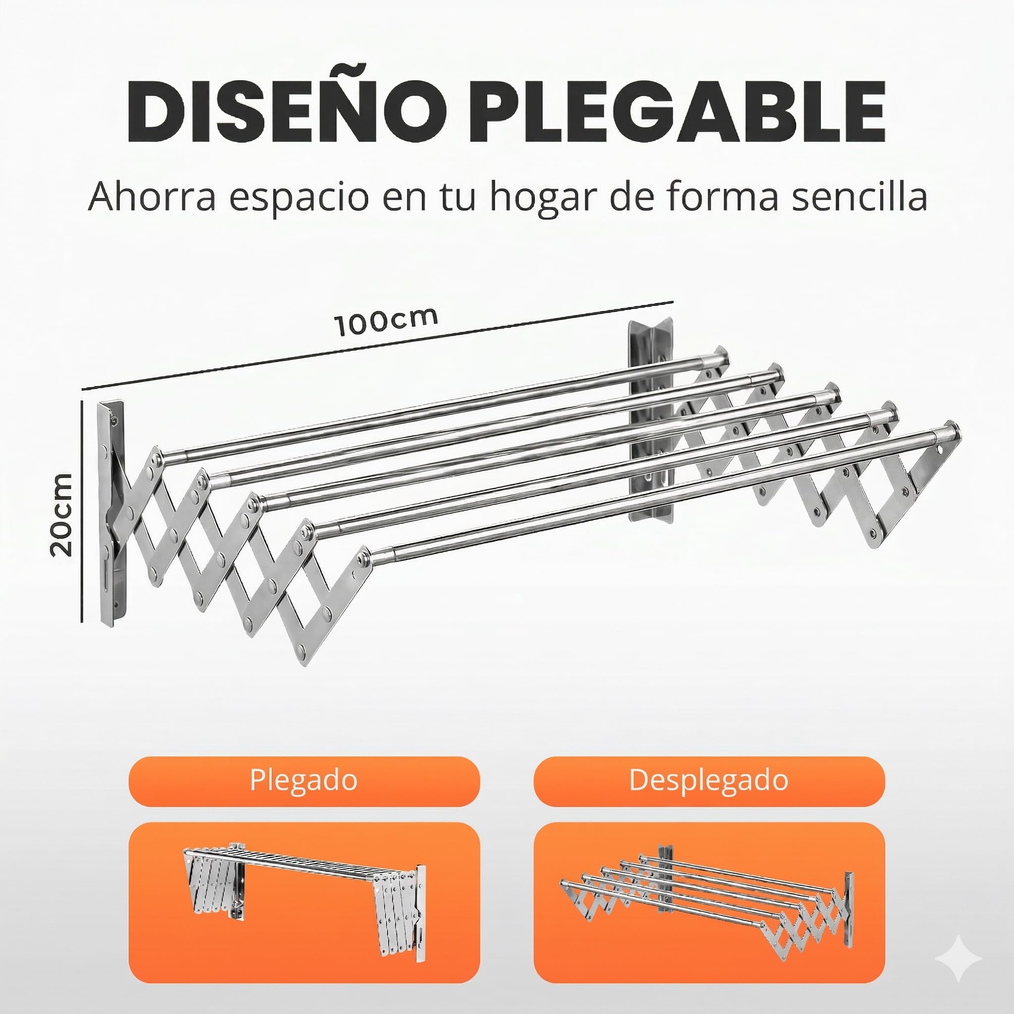 JUPPLIES Tendedero Extensible Pared 100 cm - Tendedero Plegable de Pared de Interior o Exterior Apto para Todo Tipo de Ropa con 5 Barras de Secado - Pinzas Incluidas