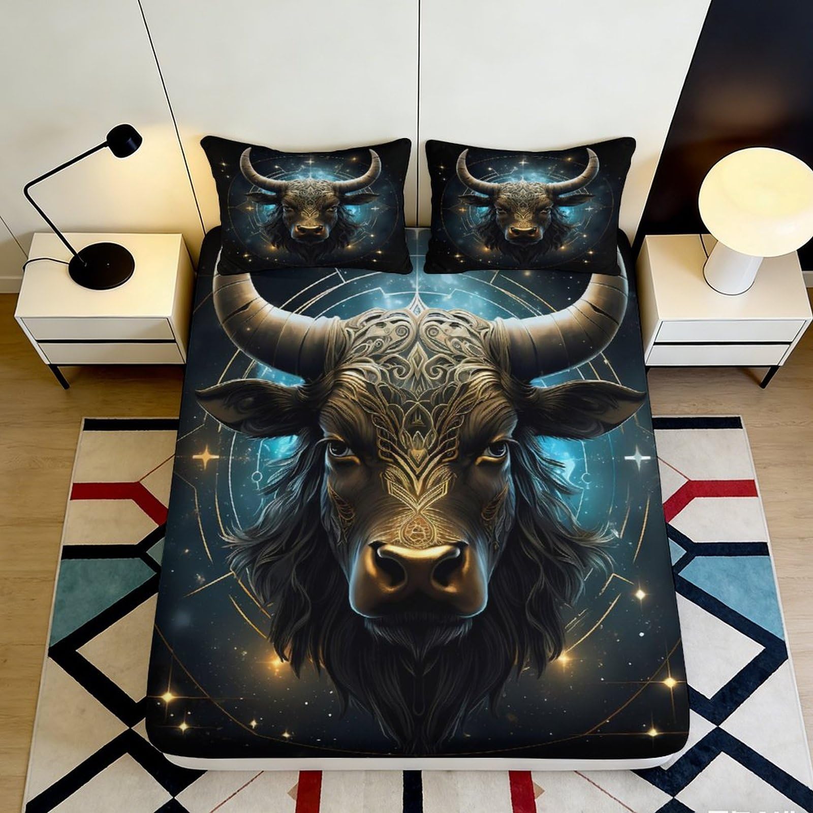 Pnayamiorkfel Style-3 3D Printed Mystic Bull Art Fitted Sheet Microfiber Soft Bed Cover Cosmic Zodiac Mattress Cover Bedroom Decor 90X200x25cm