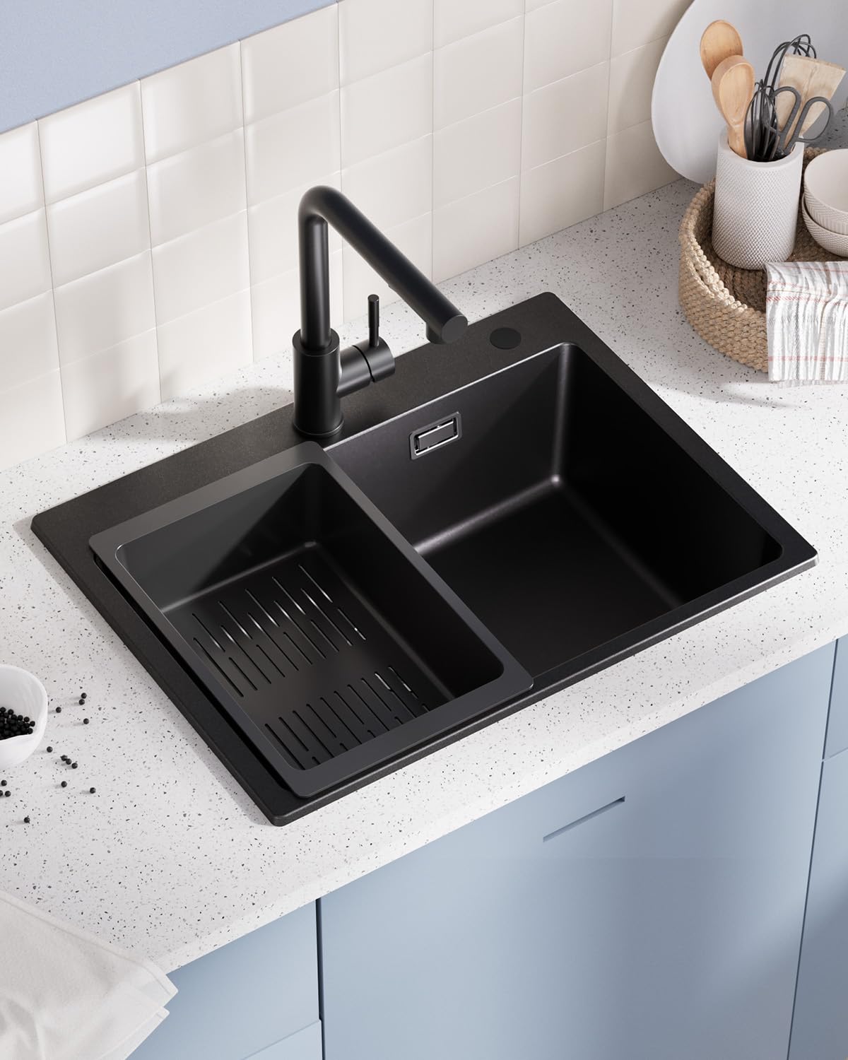 Sofetiy Spülbecken Schwarz Granit 60x45cm, Spüle Schwarz, Waschbecken Küche, Große Küchenspüle Granit, Moderne Einbauspüle Rechteckig, Einzelbecken mit 2 HahnLöcher, Kitchen Sink, 1 Becken