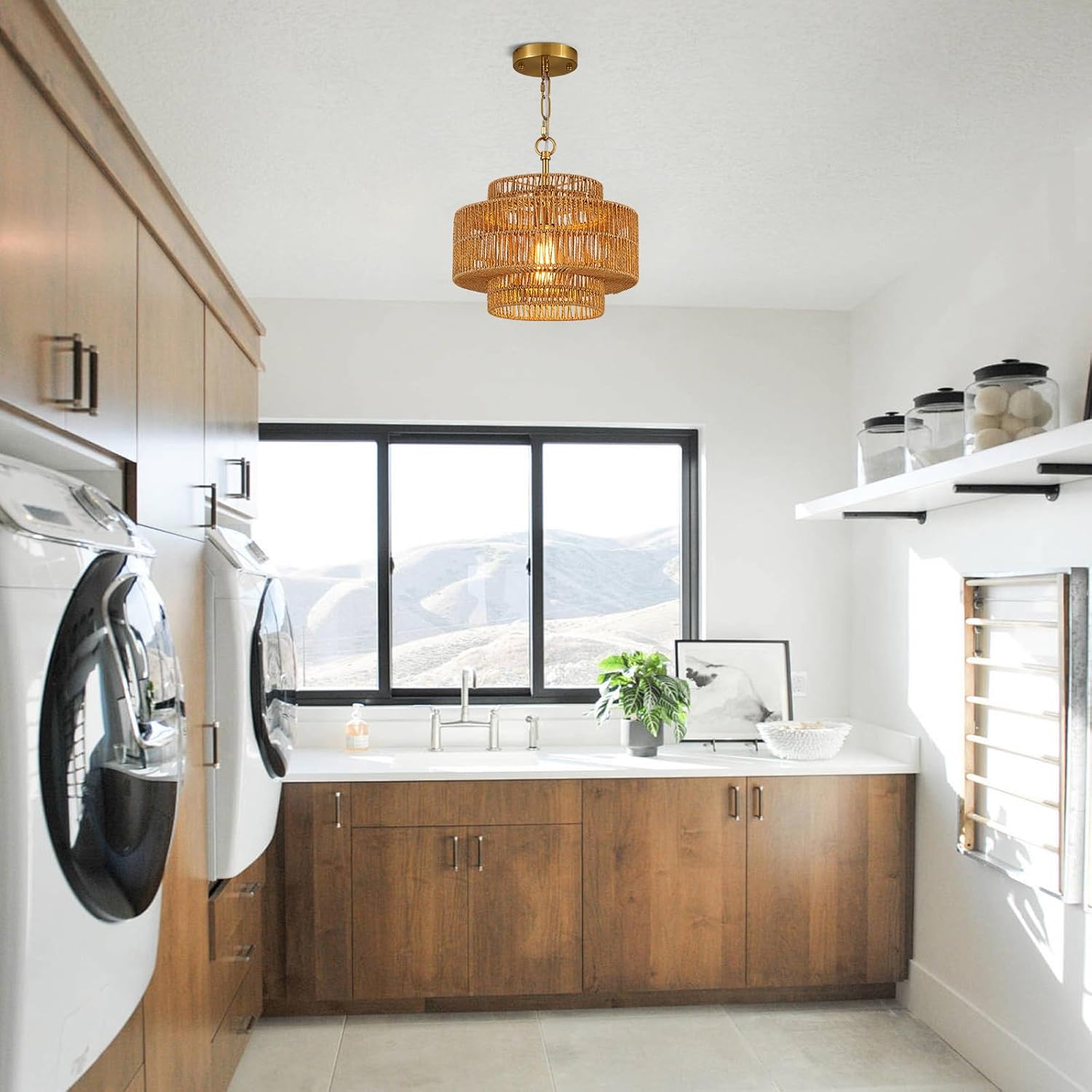 12.6" Rattan Pendant Light Fixture Vintage Farmhouse Hand-Woven Boho Bamboo Pendant Lighting Mini Drum Wicker Golden Chandelier for Kitchen Island, Bedroom, Dining Room, Entryway, Foyer