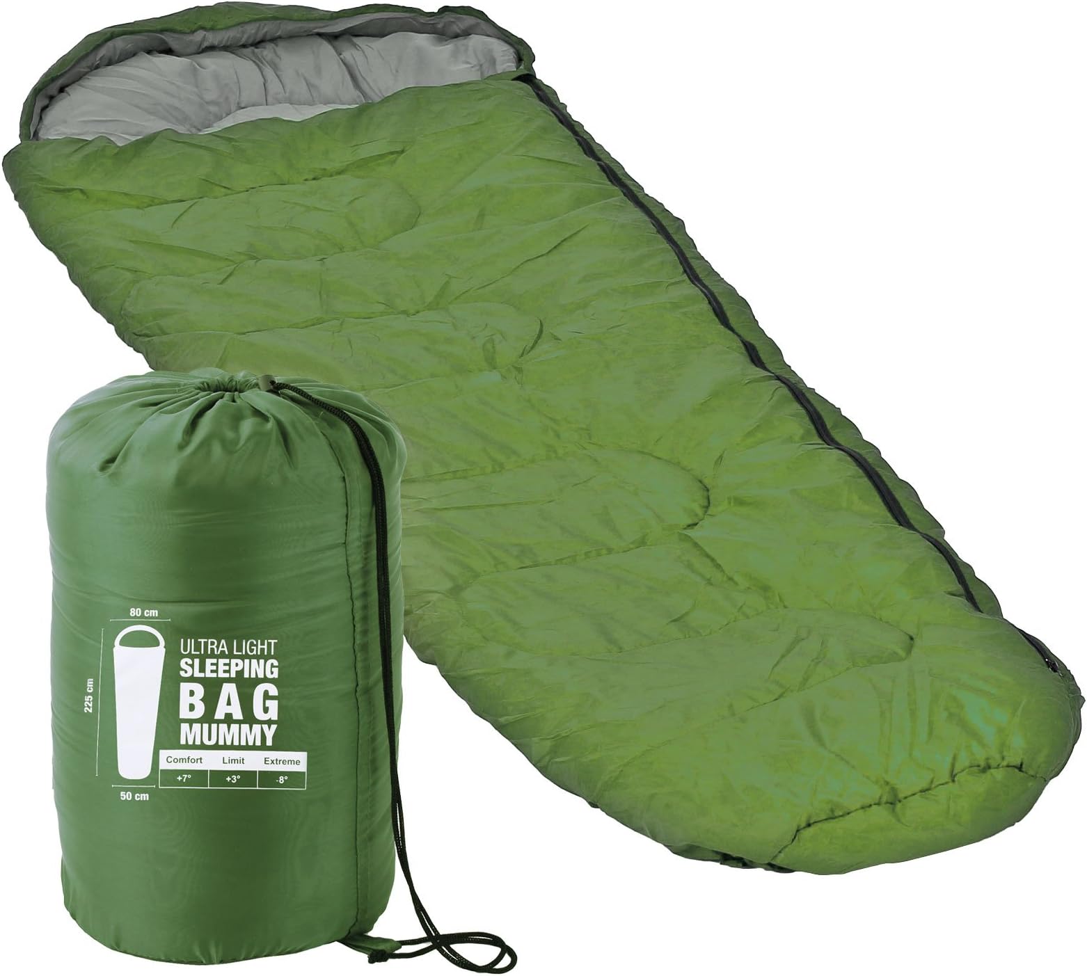 Ultra Light Mummy Sleeping Bag 225 x 80 x 50 Minus 8 °C Green For Camping, Tents and Outdoor