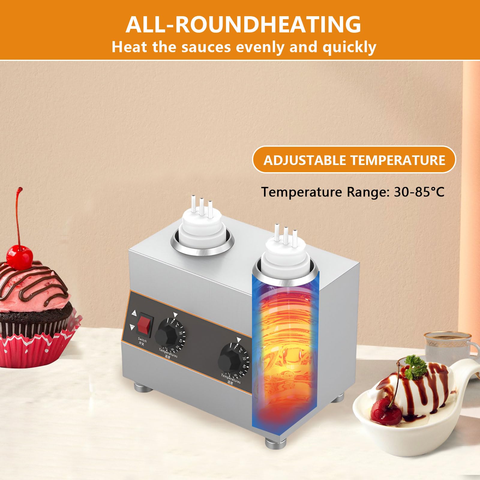 AIZYR Distributore Scaldasalse, Scaldabiberon Elettrico in Acciaio Inox, Macchina Commerciale per La Conservazione A Caldo di Marmellata di Cioccolato,2 Grids