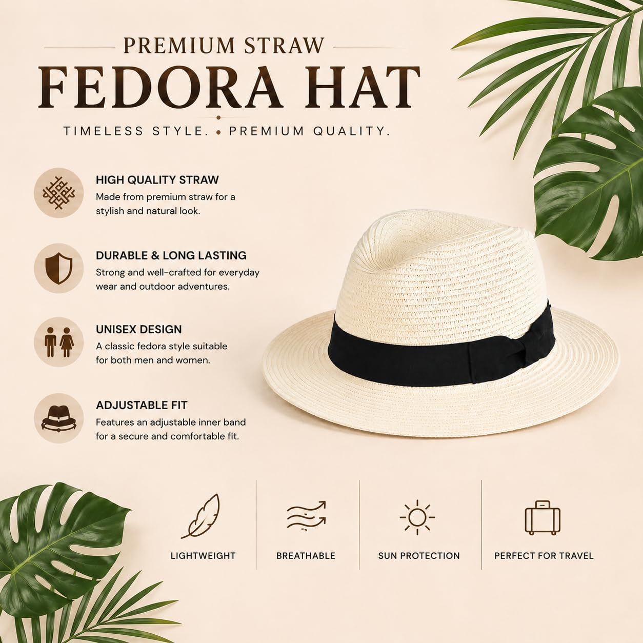 Cappello Fedora Panama estivo pieghevole in paglia di carta, unisex, con fascia e fascia regolabile