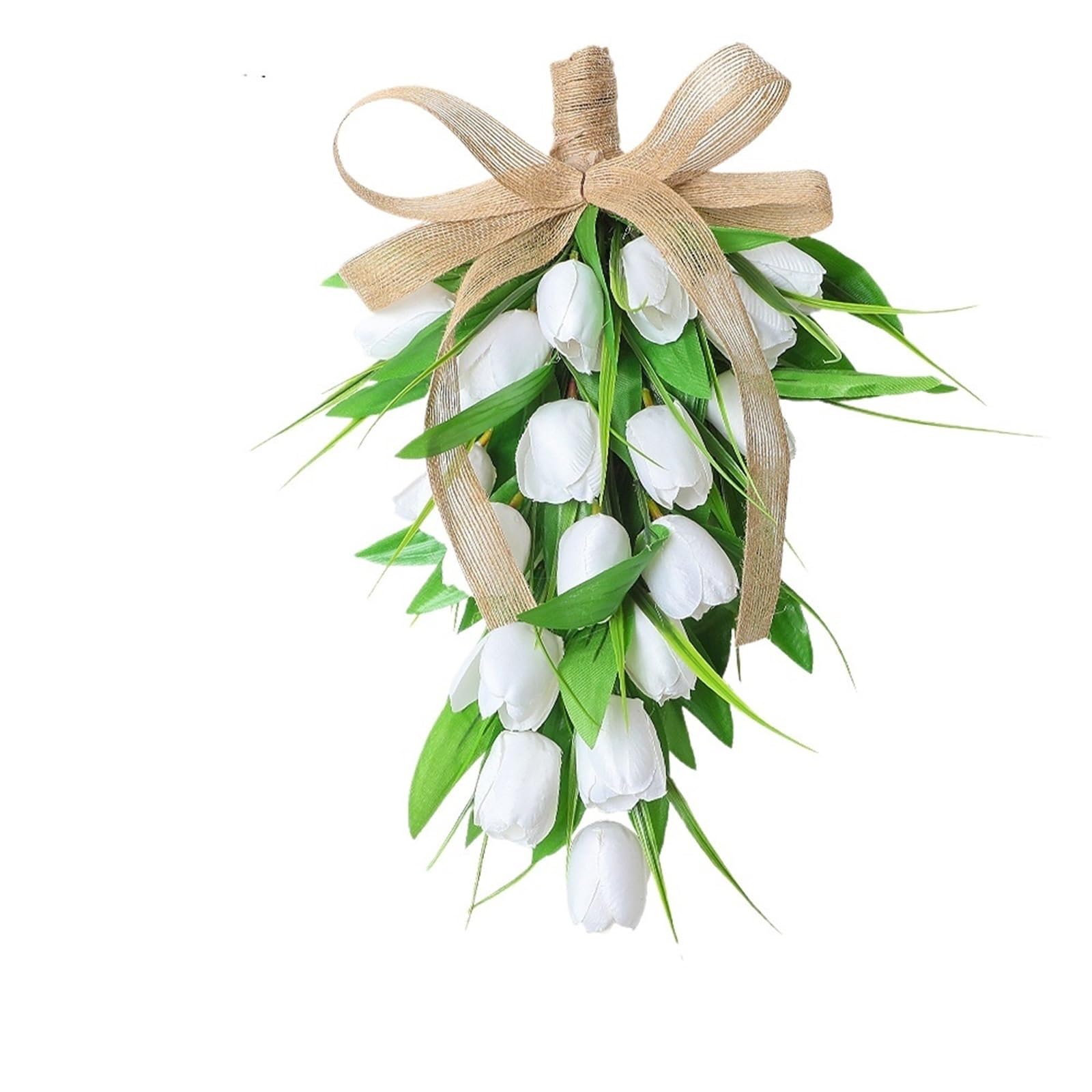 Door Wreath 2pcs Handmade Artificial Tulips Flowers Teardrop Swag With Burlap Bow Spring Easter Wreath For Front Door Decor(White)