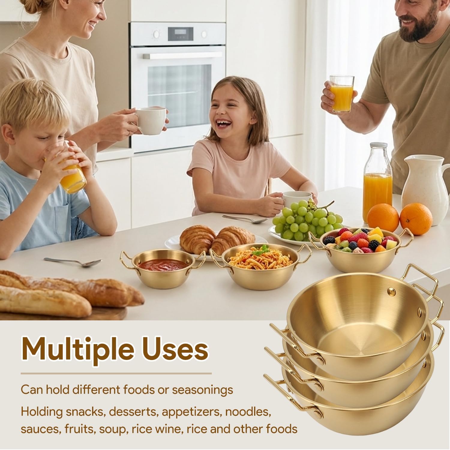 3Pcs Stainless Steel Sauce Dishes with Handles, Korean Golden Dipping Bowls