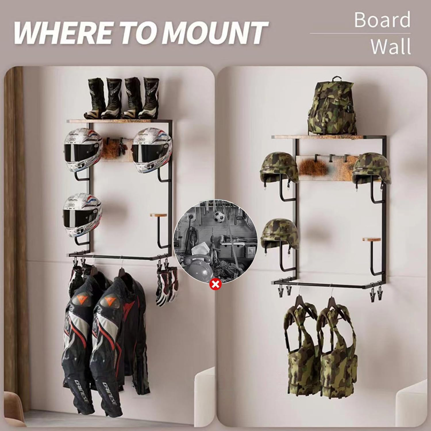 Motorcycle Helmet Holder Wall Mount, Rustic Helmet Rack With Layer Wooden Boards and 4 Hat Stands for Motorcycle Gear Accessories Storage 4 Clips 4 Hooks for Glove Key Jacket Hanging