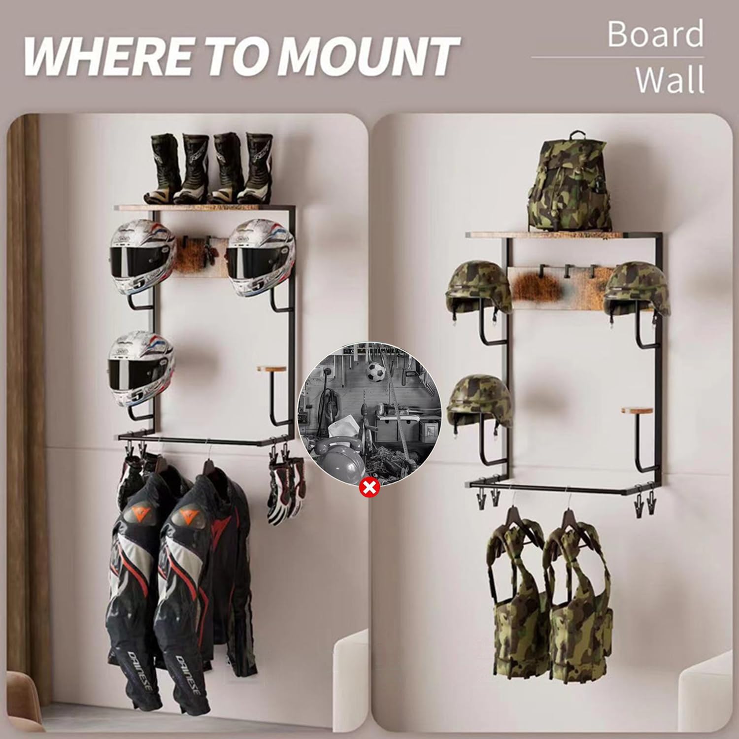 Helmhalter Wandhalterung, Motorradhelmhalter mit 4 Handschuhchips und Haken, Helmständer aus Eisenholz Helmhalterung Display Organizer für Helme, Ausrüstung, Kleidung,Zubehör,42 x 82 x 25cm