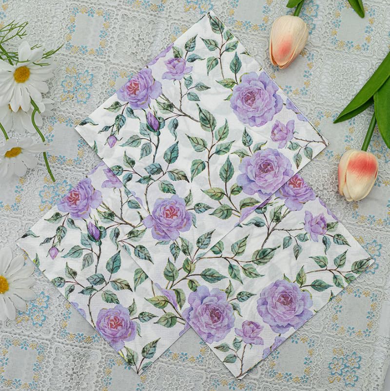 Tovaglioli di Carta Viola Fiore Verde Tovaglioli Decorati Per Decoupage Bar Compleanno Carta Igienica Tovagliolo Decorazione Da Tavola Usa e getta Per Matrimoni Feste 30 Packs(33x33cm)