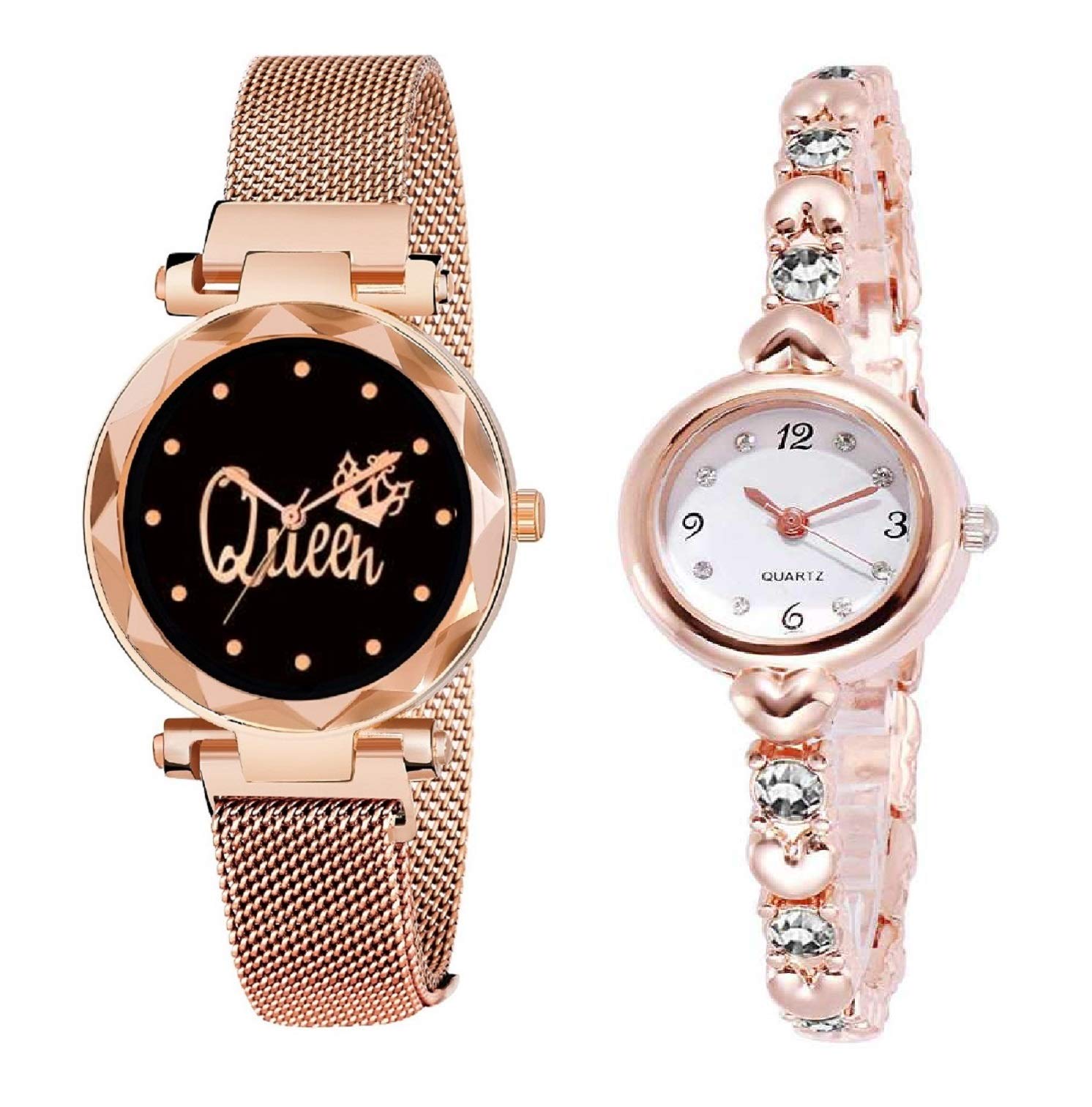 KIROHQueen Magnet Strap and White Diamond Studded Rose Gold Bracelet Combo Analog Girl's and Women's Watch -Pack of 2