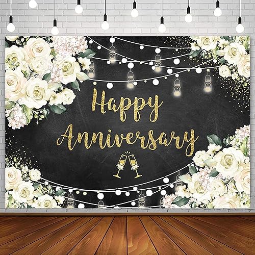 SENDY Telón de fondo floral negro y dorado de 7 x 5 pies, pizarra de tiza con texto en inglés "Love Cheers to 10 años", suministros para fiestas de